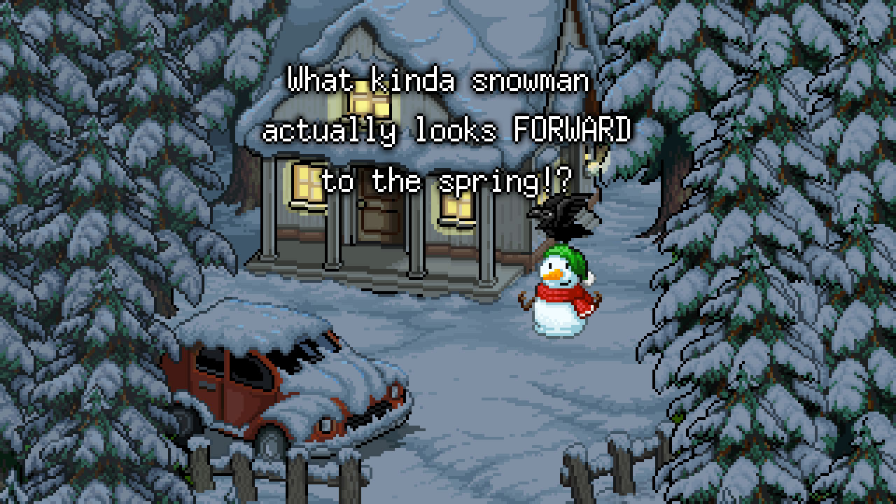 Escena oficial de Snowman Story con diálogo en inglés sobre esperar la primavera