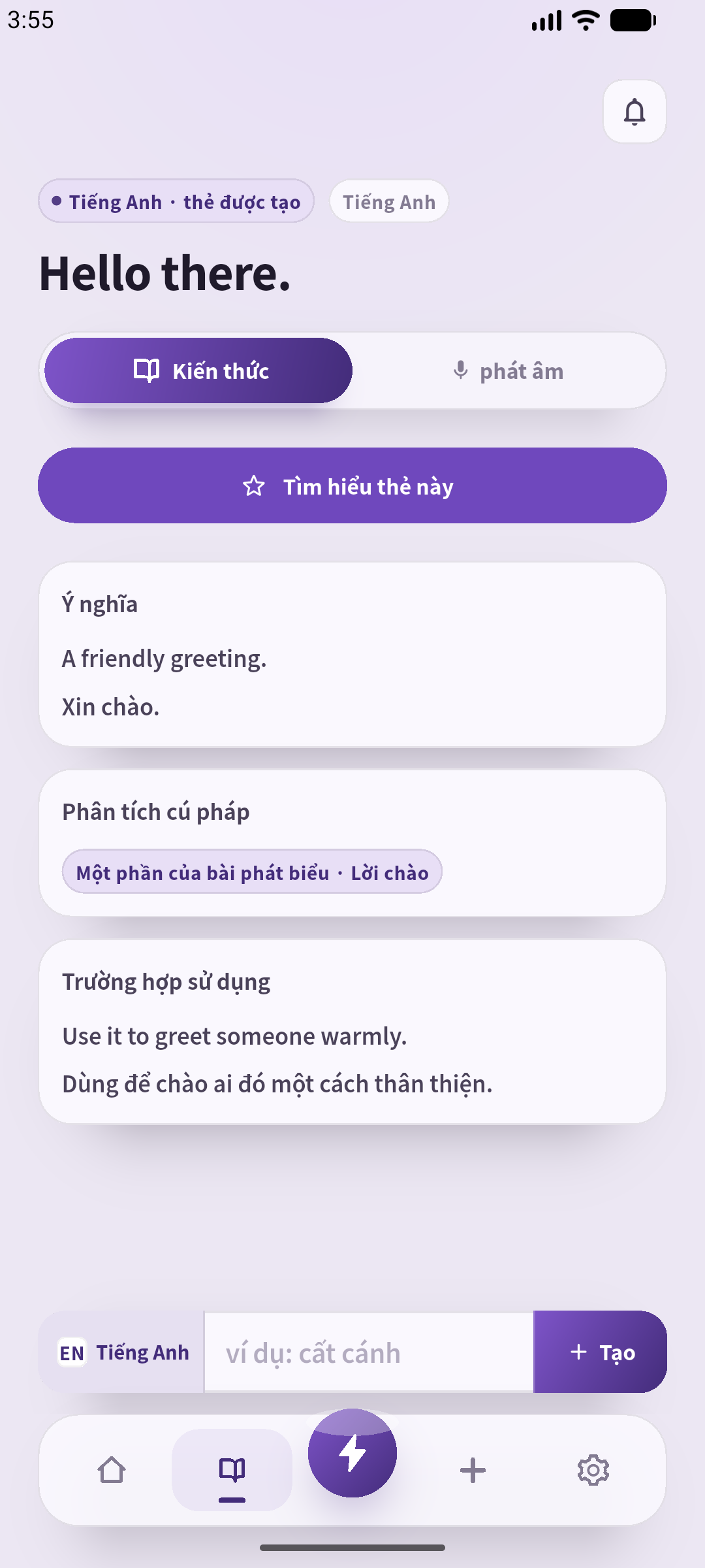 Màn hình thẻ thật của SpeakGain trên Android, đặt ngôn ngữ tiếng Việt và nhập câu ví dụ Hello there. cho bài viết này.