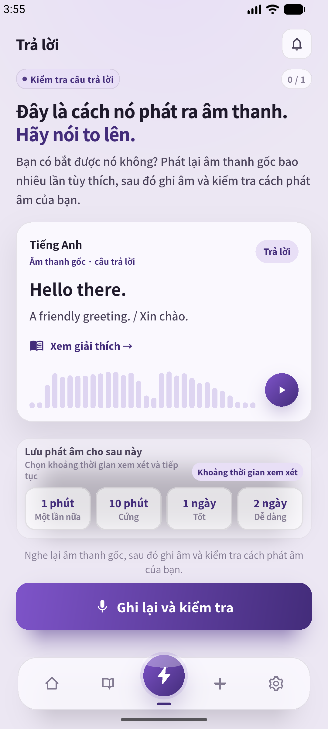 Màn hình đáp án thật của SpeakGain bằng tiếng Việt, có nút phát lại và ghi âm. Ảnh dùng câu ví dụ được nhập cho bài viết này và giọng minh họa được tạo cục bộ trên máy.