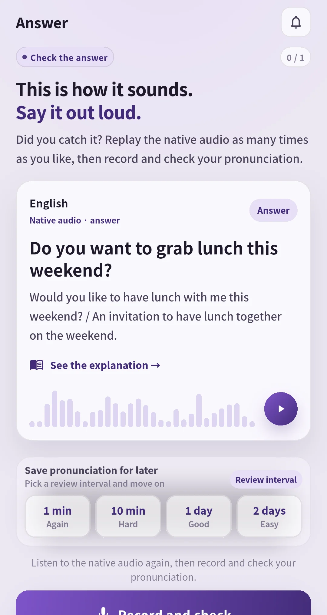 SpeakGain answer screen for the lunch invitation, audio, and review buttons