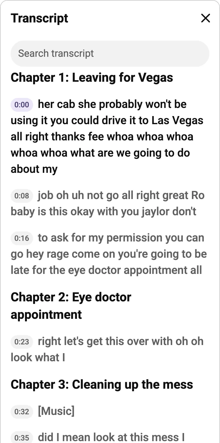 YouTube transcript panel for the official Friends clip, with an auto-caption mistake