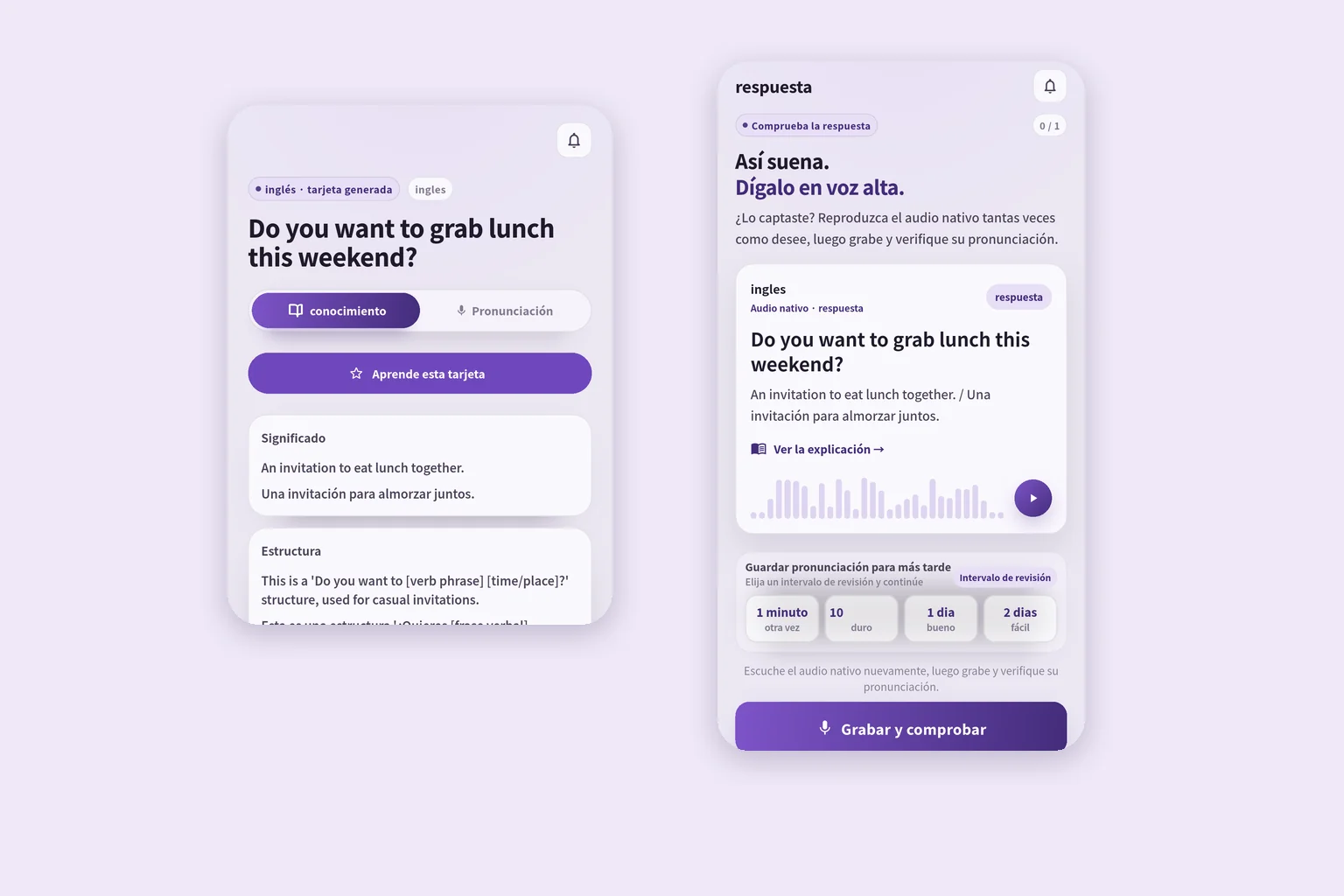 Tarjeta y pantalla de repaso de SpeakGain con una invitación a comer el fin de semana