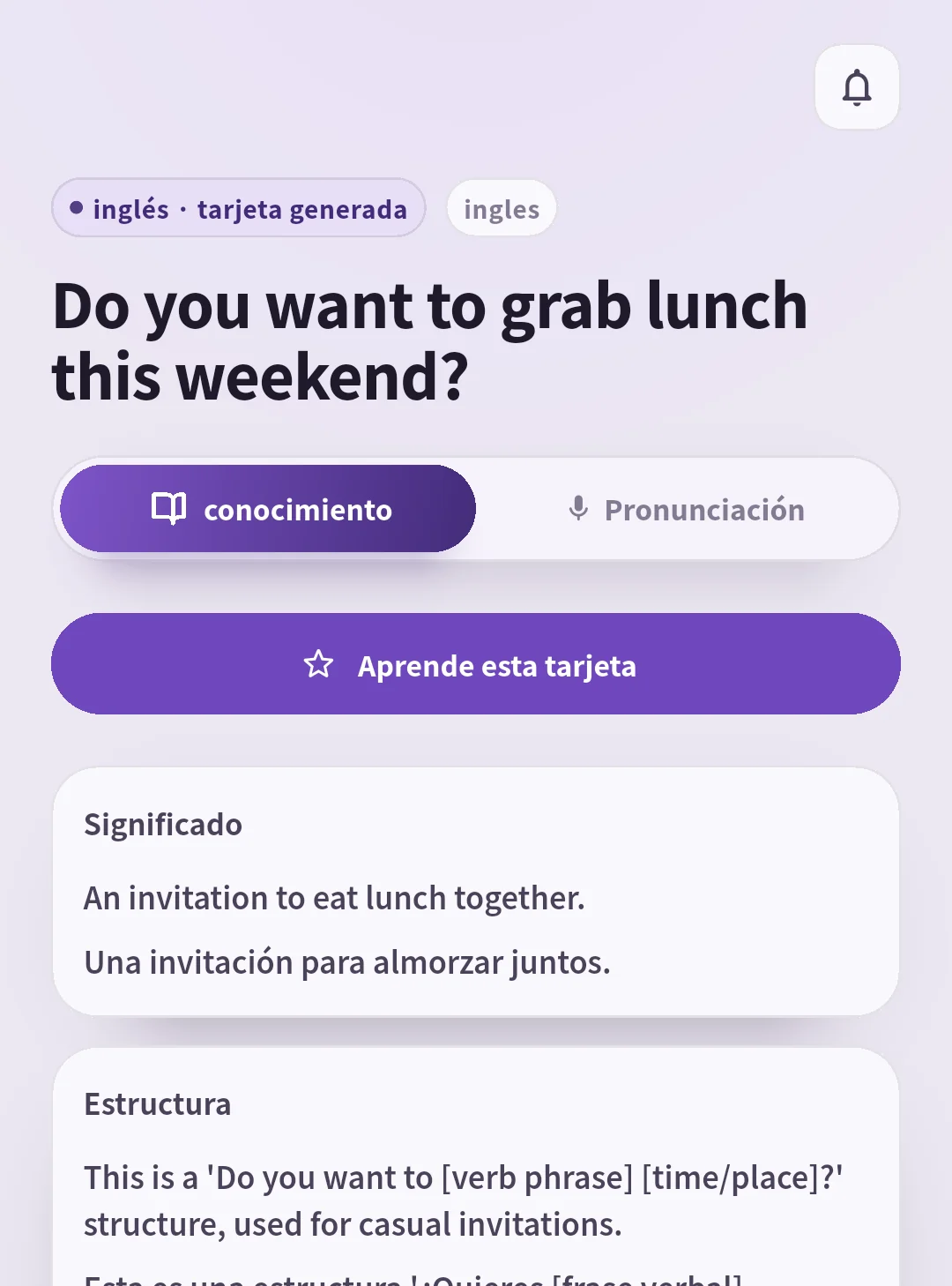 Tarjeta de SpeakGain con la invitación a comer, su significado y estructura