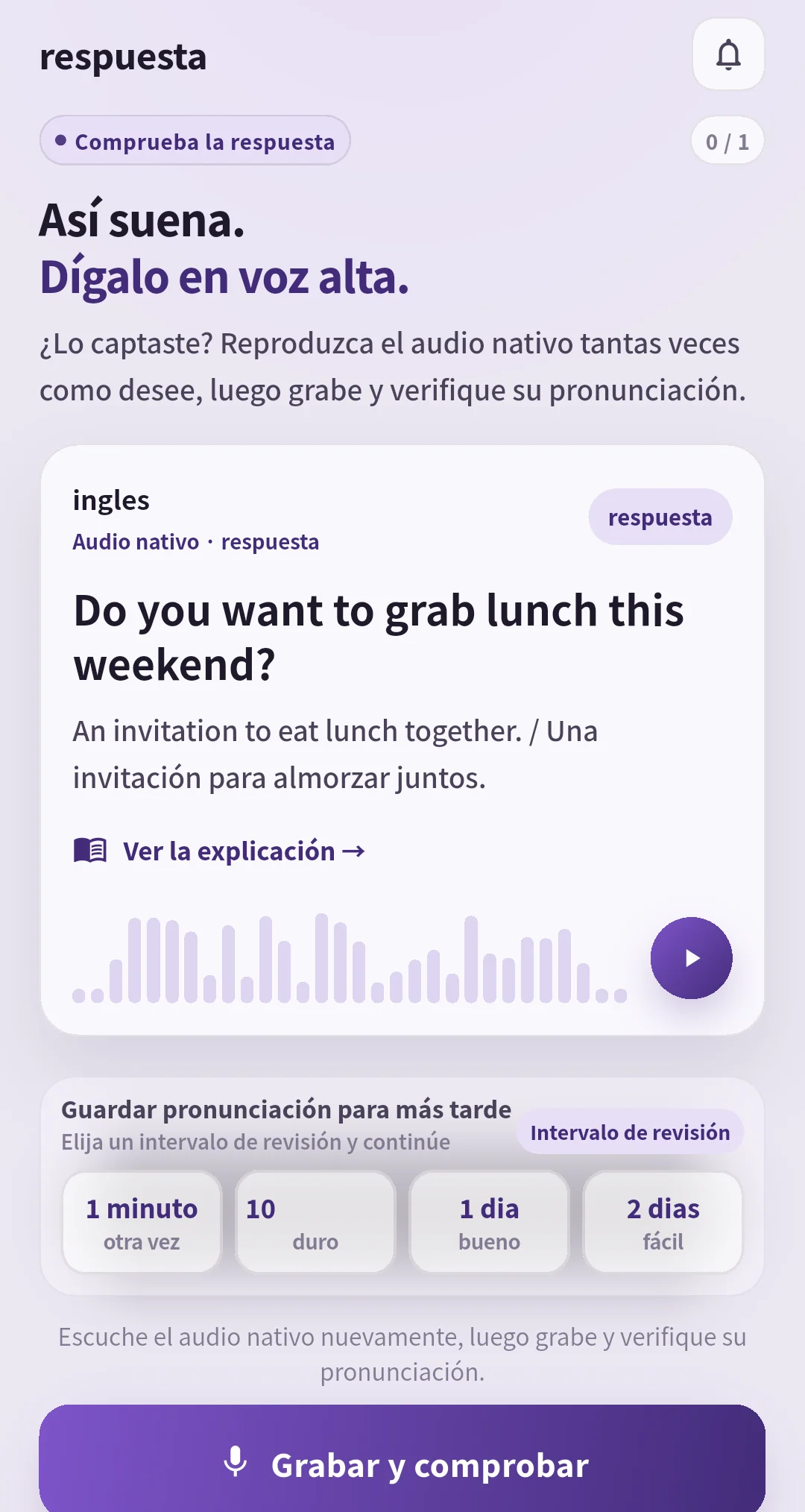 Pantalla de respuesta de SpeakGain con la misma frase, audio y botones de repaso