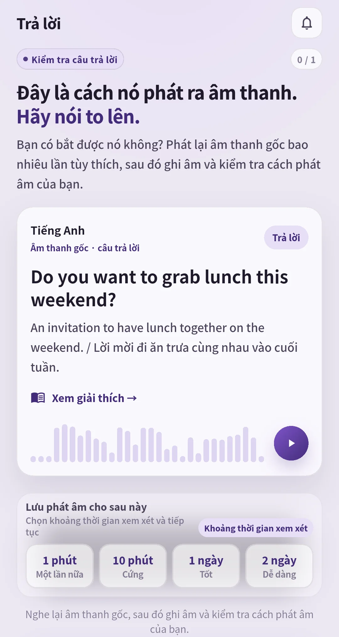 Màn hình đáp án SpeakGain cho câu mời ăn trưa, có âm thanh và nút ôn tập