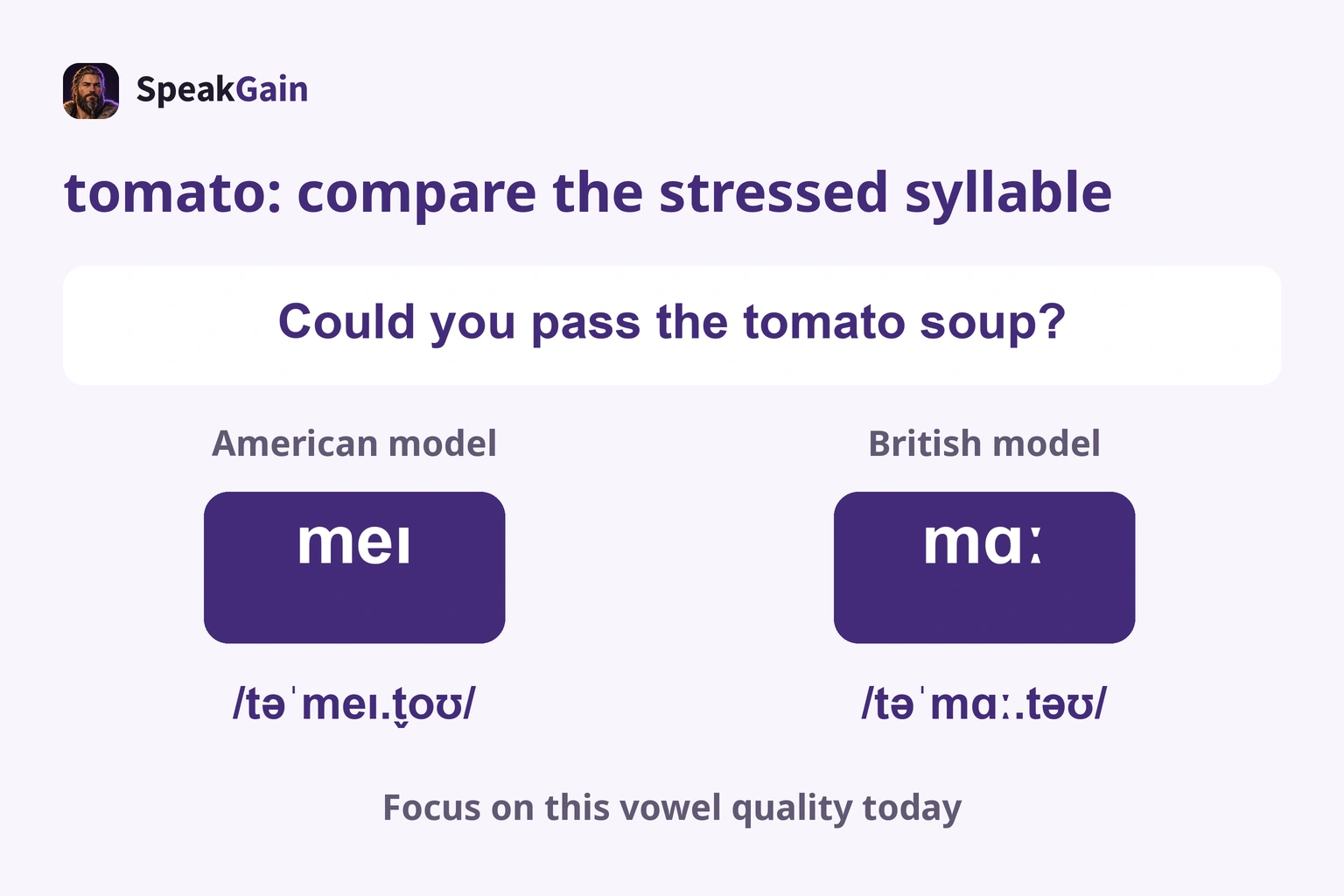 tomato is stressed on syllable two: American meɪ, British mɑː; compare that vowel