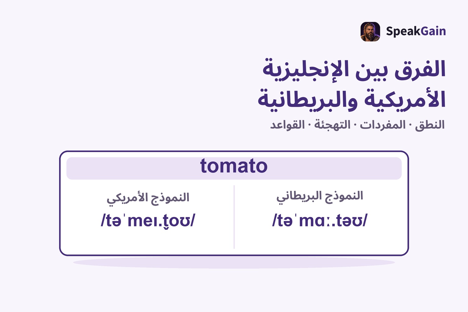 بطاقة tomato تقارن رموز نطق النموذج الأمريكي والبريطاني