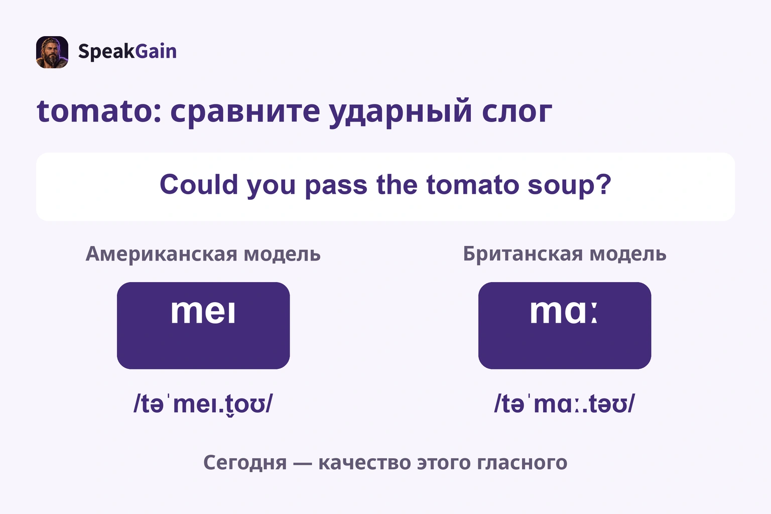 tomato с ударением на втором слоге: американское meɪ и британское mɑː; сравните гласный