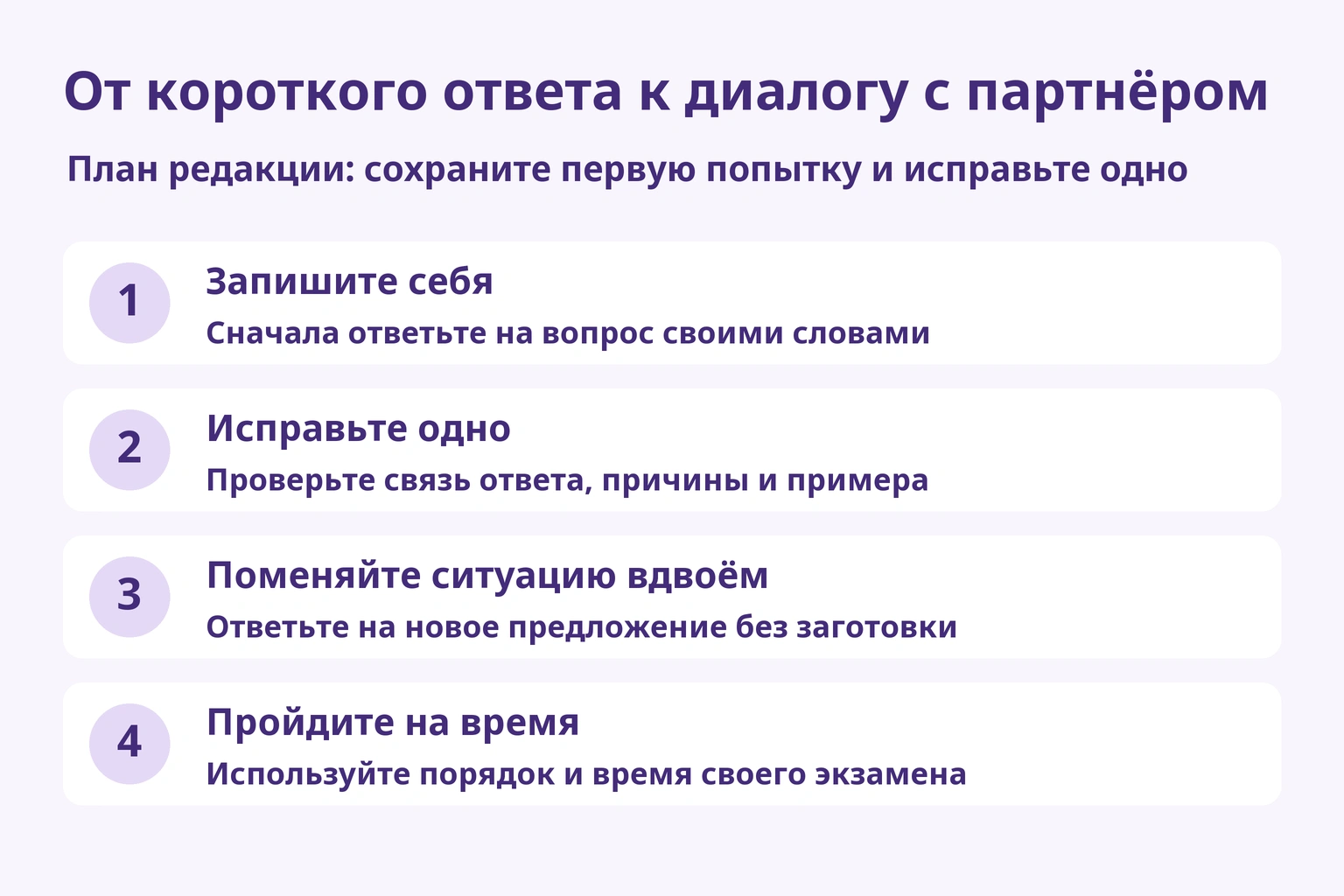План редакции: сохраните первую попытку, исправьте одно и поменяйте ситуацию с партнёром.