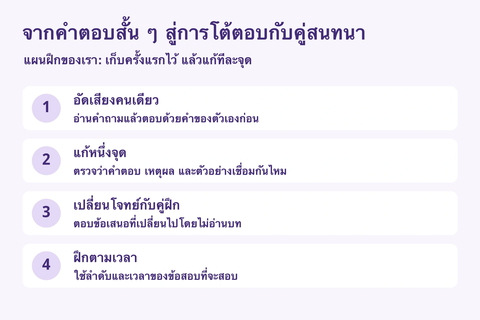 แผนฝึกของเรา: เก็บครั้งแรก แก้หนึ่งจุด แล้วเปลี่ยนสถานการณ์กับคู่ฝึก
