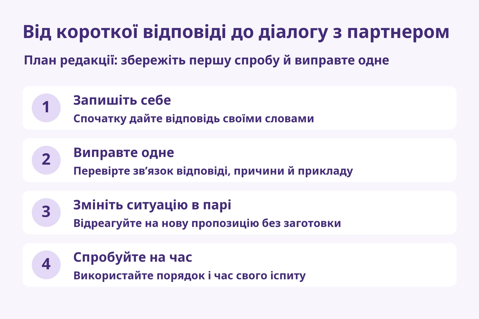 План редакції: збережіть першу спробу, виправте одне й змініть ситуацію з партнером.