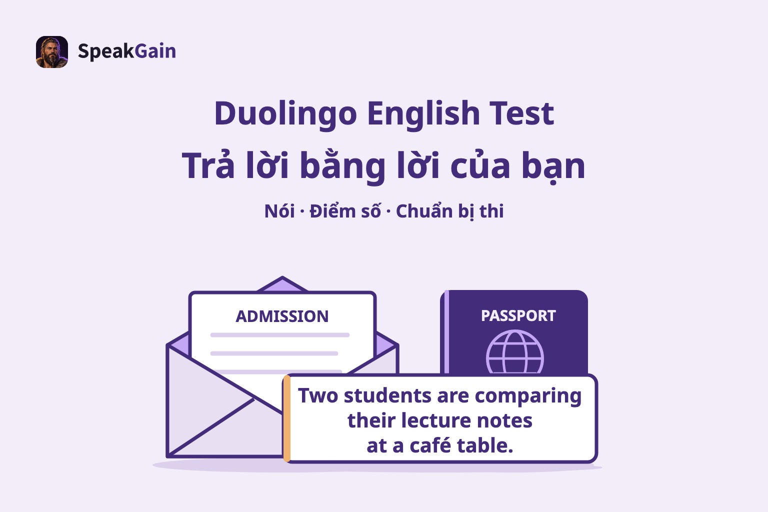 Phong bì hồ sơ nhập học, hộ chiếu minh họa và thẻ câu tiếng Anh về sinh viên so sánh ghi chép tại quán cà phê