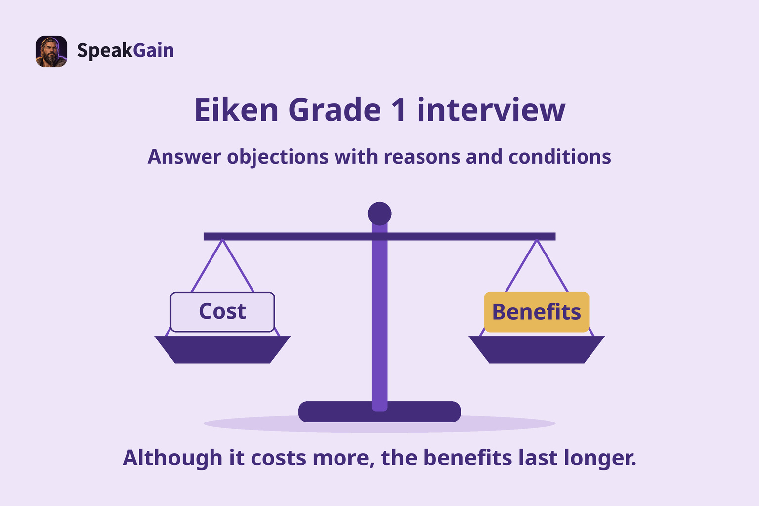 A balance scale weighing cost and benefits, with an original sentence acknowledging cost and lasting value.