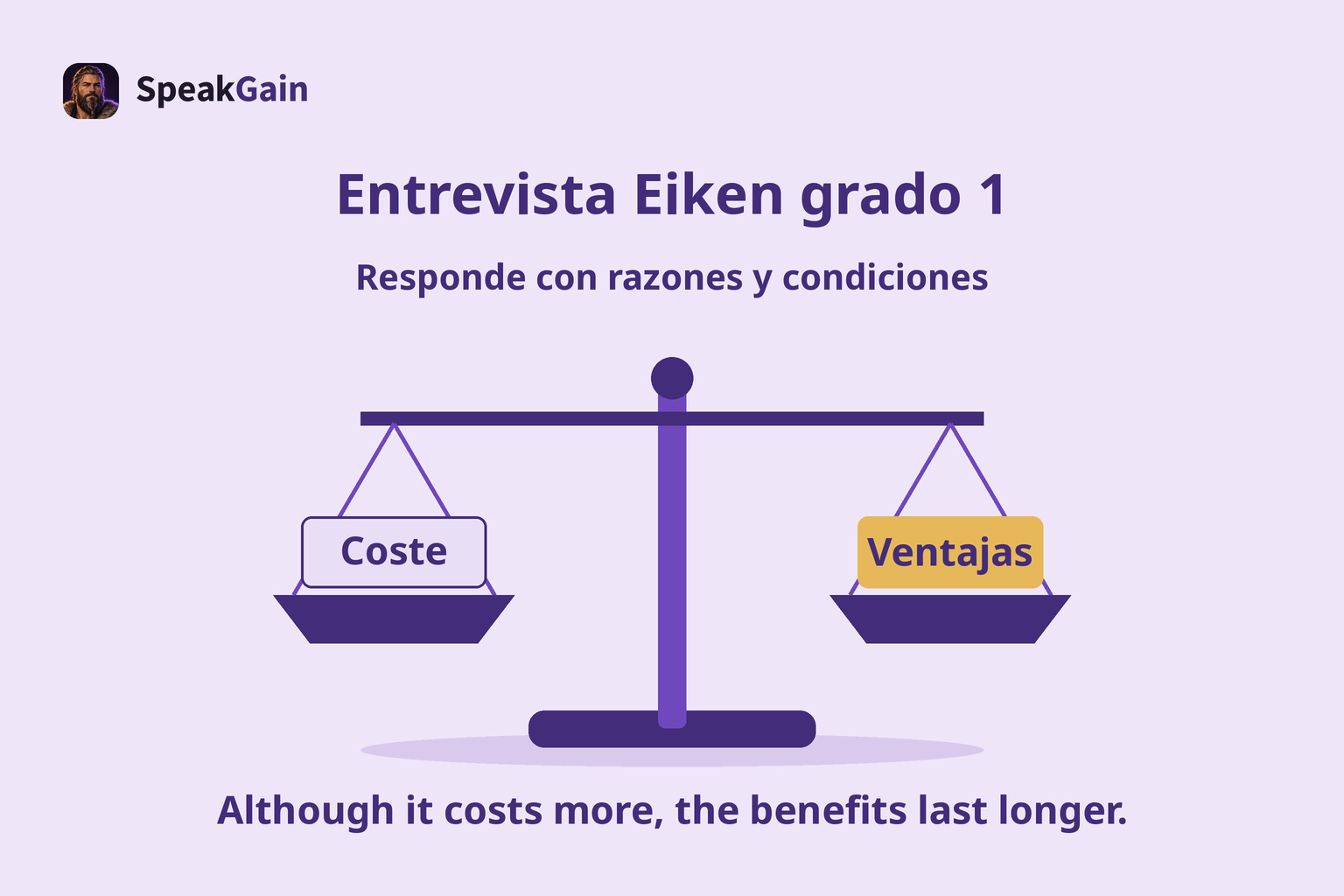 Balanza de coste y ventajas con una frase original sobre mayor coste y beneficio duradero.