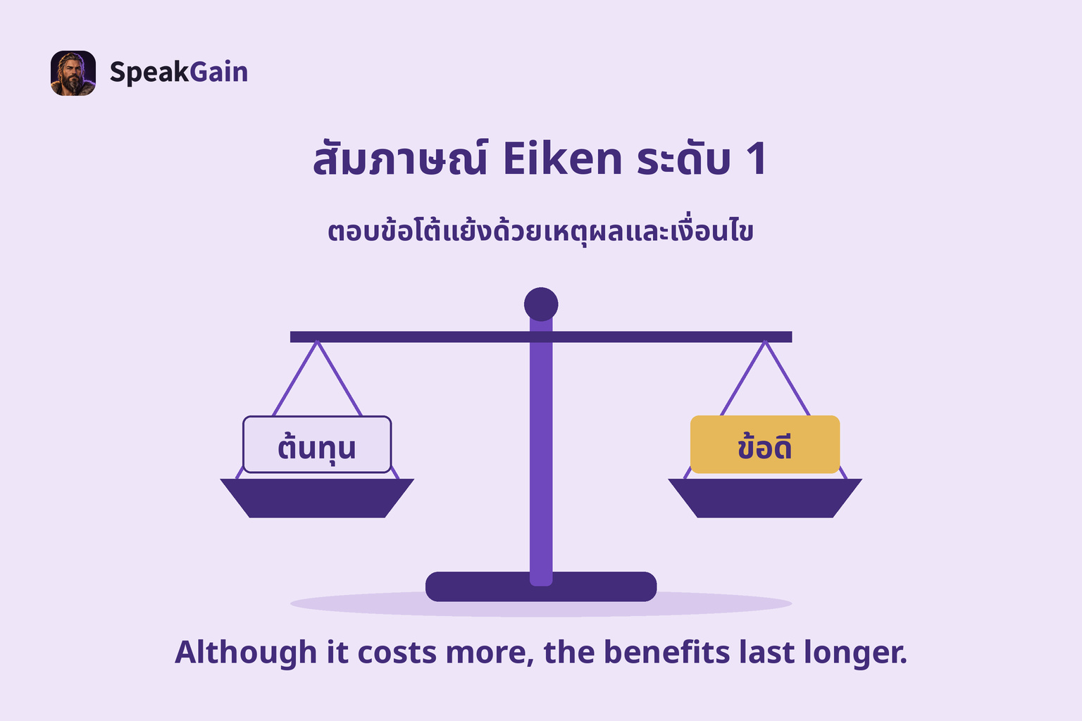 ตาชั่งเปรียบเทียบต้นทุนและข้อดี พร้อมประโยคที่ยอมรับค่าใช้จ่ายและอธิบายประโยชน์ยืนยาว