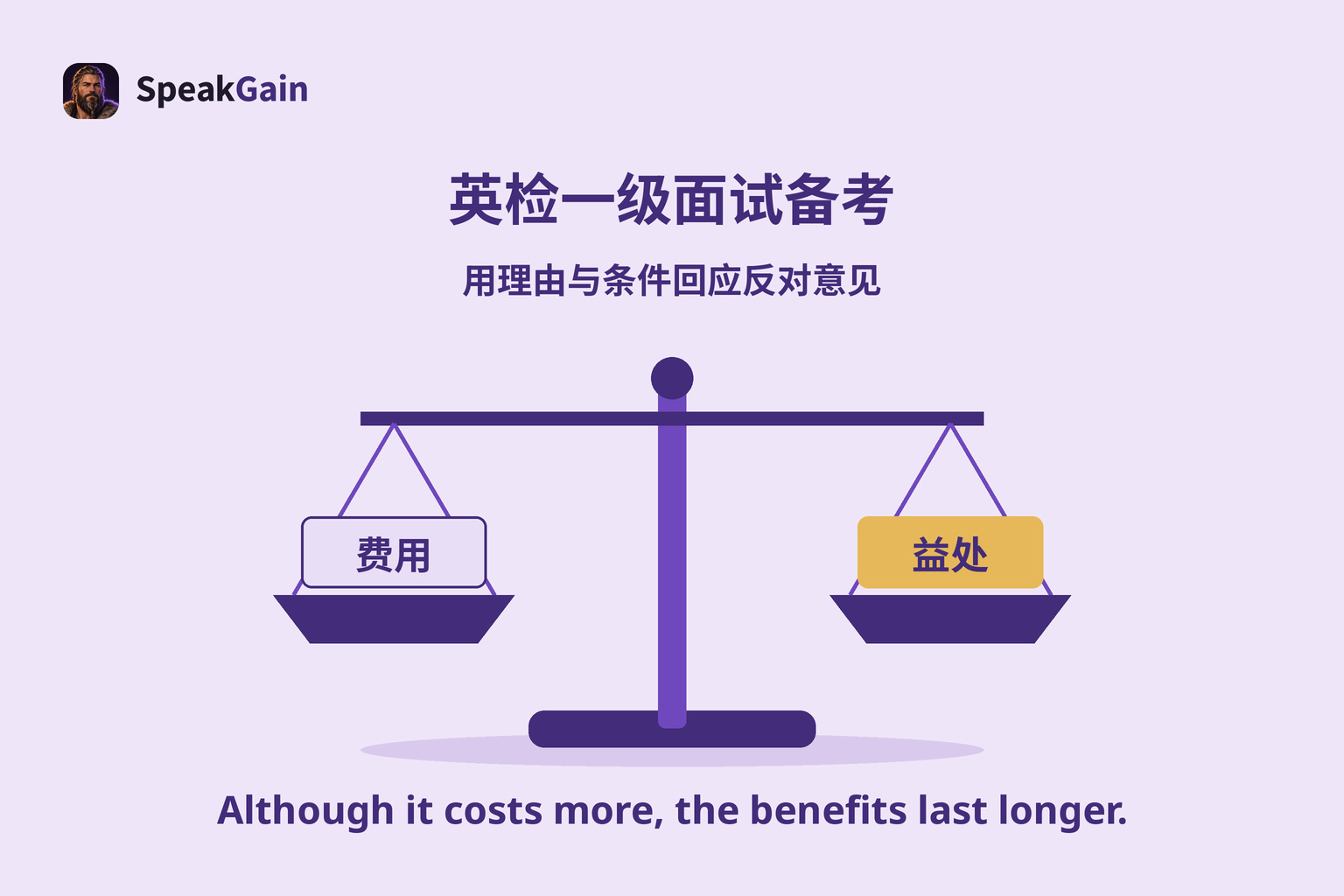天平比较费用与益处,配原创句说明较高成本和持久效益。