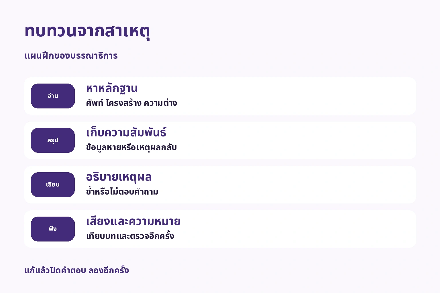 ทบทวนหลักฐานอ่าน ความสัมพันธ์สรุป เหตุผล และเสียงกับความหมาย