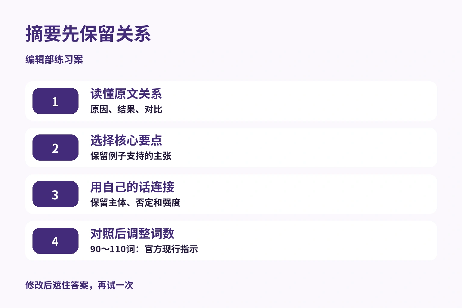 摘要练习：读关系、选要点、自己重组、对照原文至90～110词