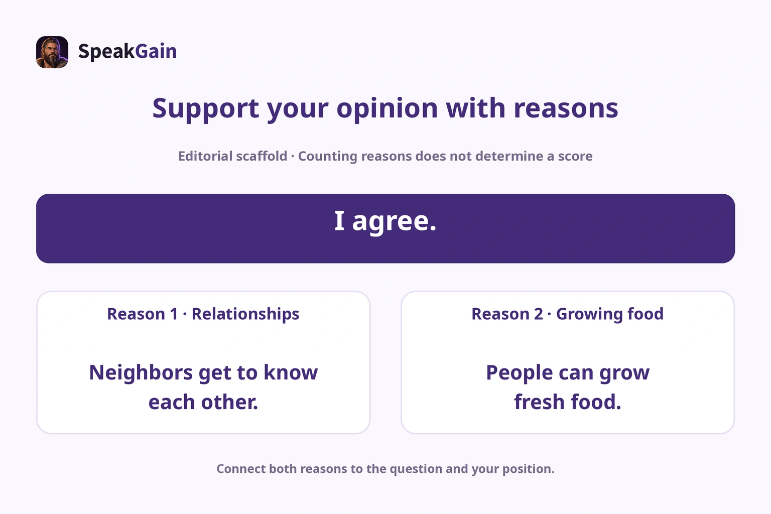 An opinion supported by relationships and food growing as separate reasons