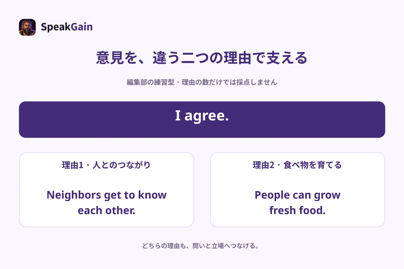 菜園への賛成意見を、近所の人との交流と食べ物を育てる機会という二つの異なる理由で支える編集部の練習型