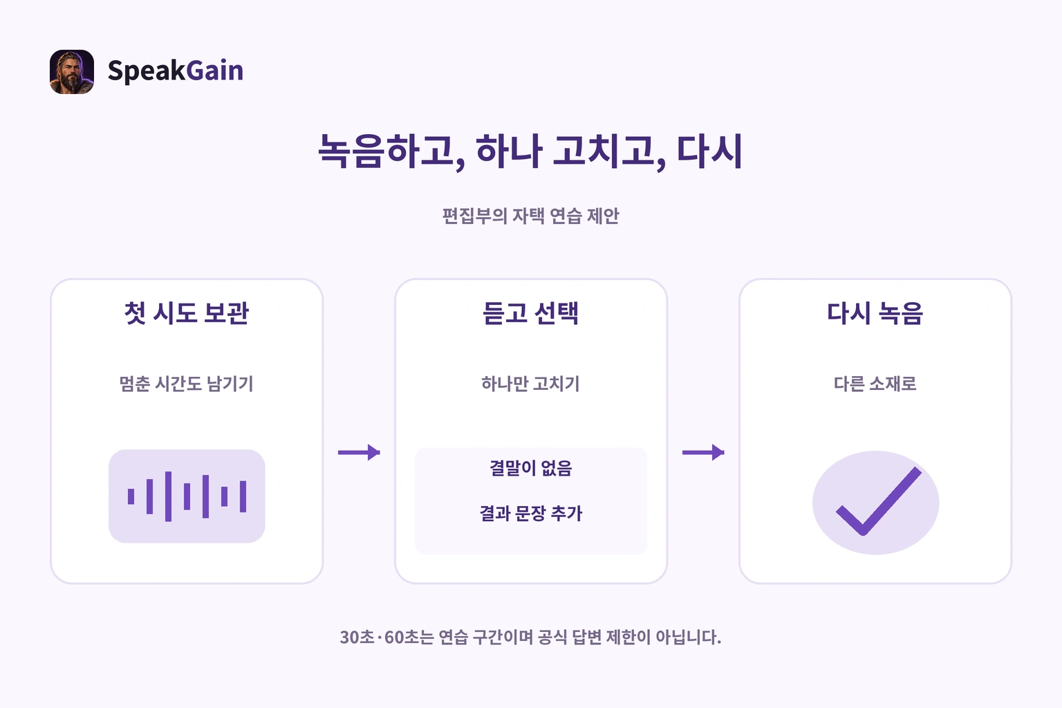 첫 녹음을 듣고 한 가지를 수정한 뒤 다른 소재에 적용하는 연습 순서