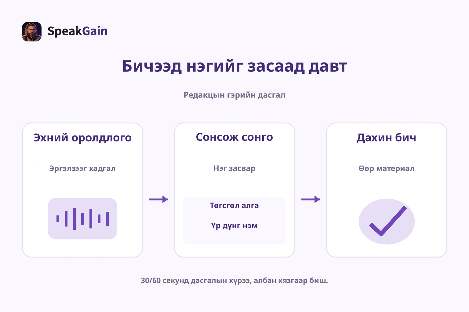 Эхний бичлэгээ сонсож нэг засвар сонгоод өөр материалаар оролдох