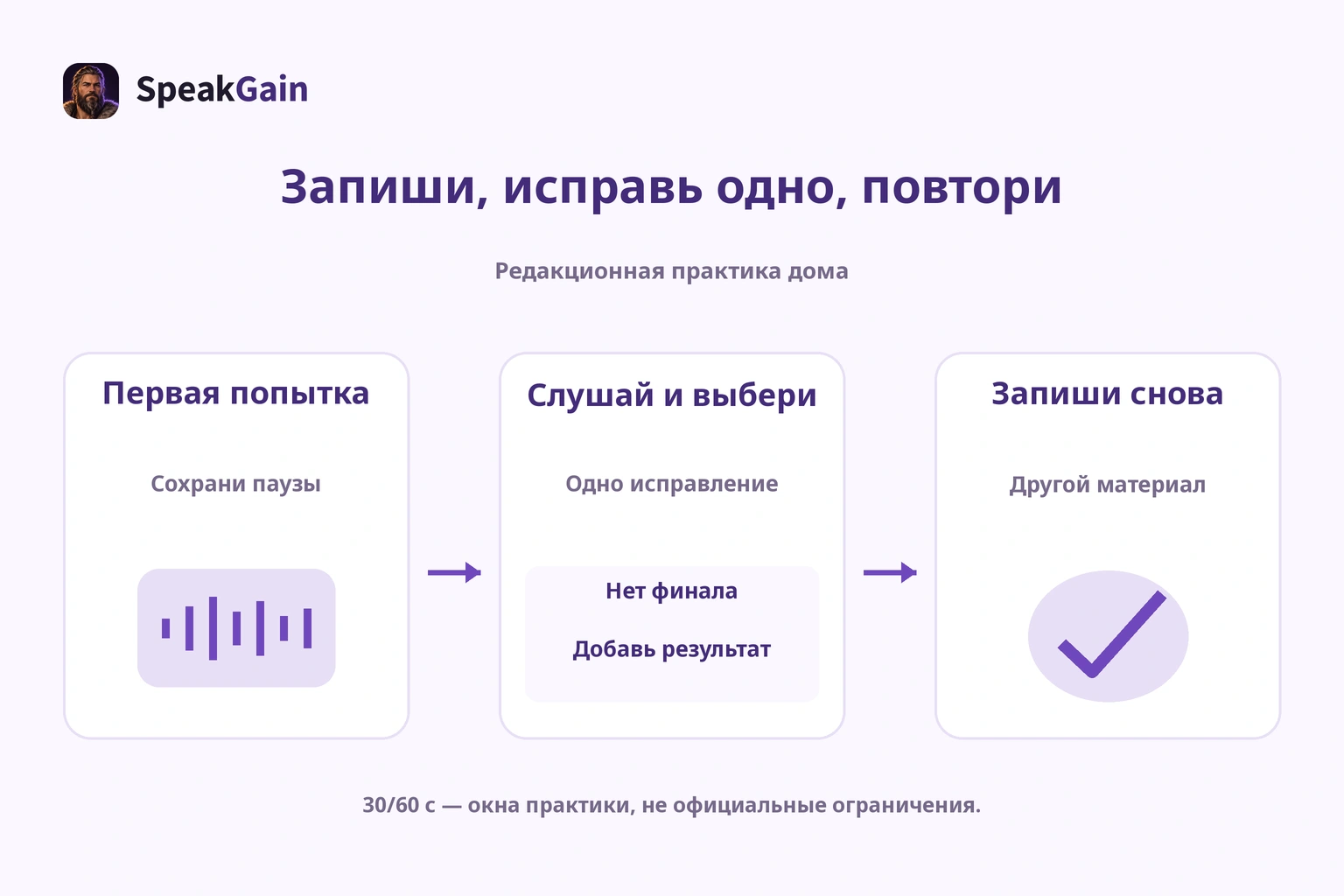 Прослушать первую попытку, исправить один пункт и сменить материал