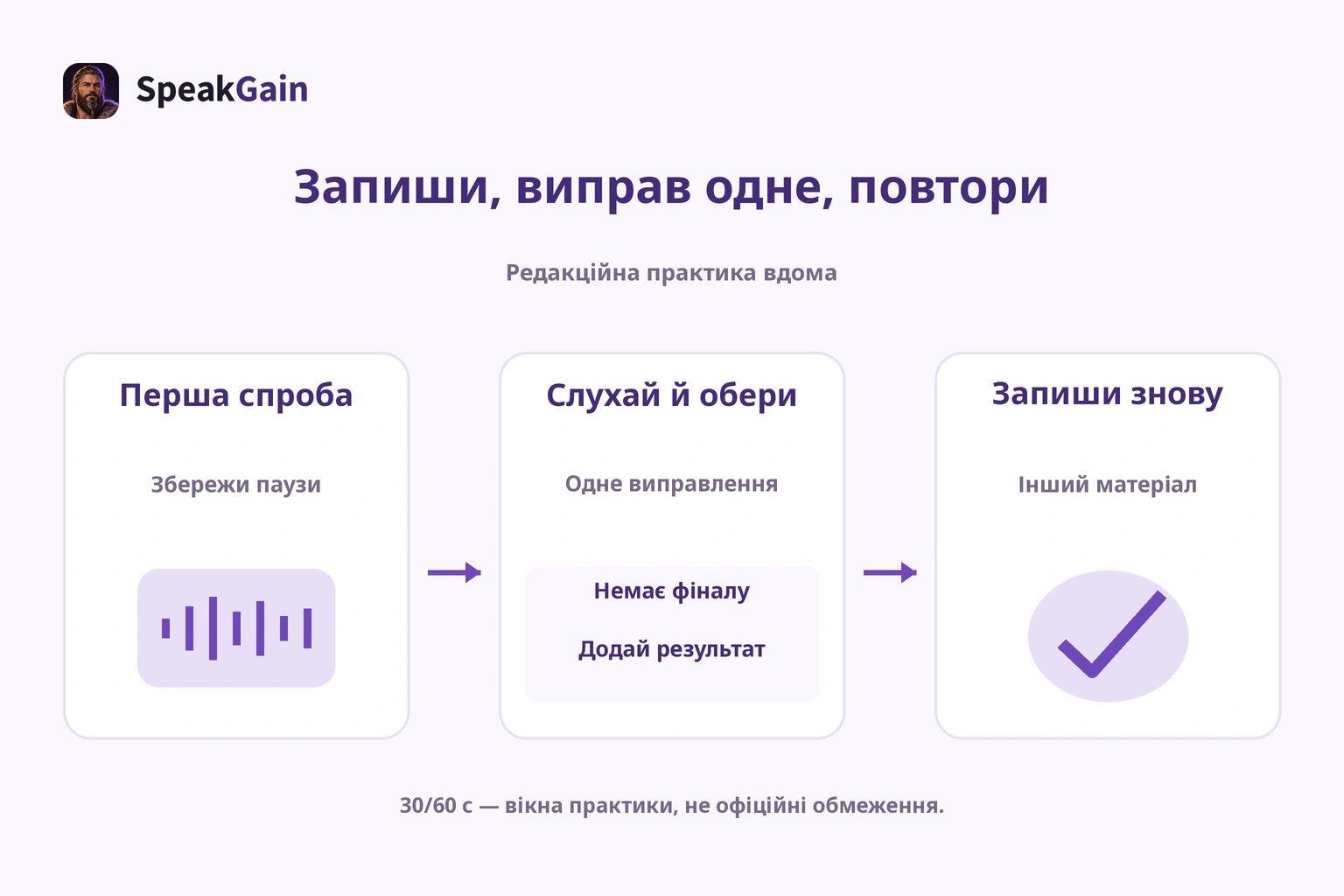 Послухати першу спробу, виправити одну річ і змінити матеріал