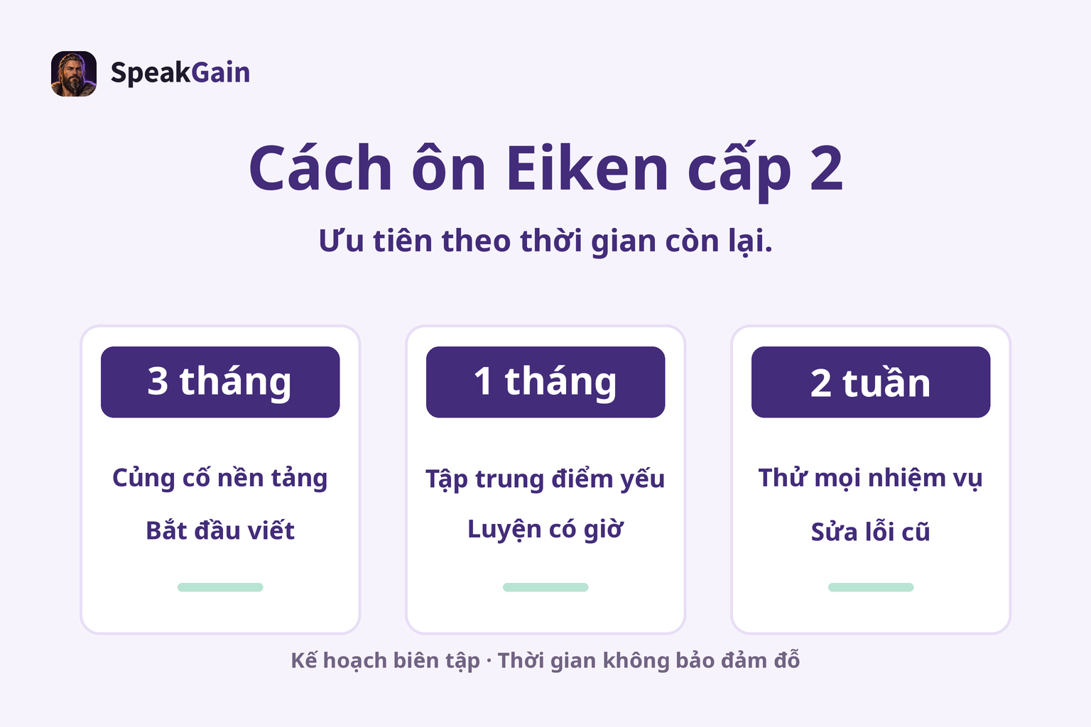 Ba thẻ ưu tiên ôn Eiken cấp 2 khi còn 3 tháng, 1 tháng và 2 tuần