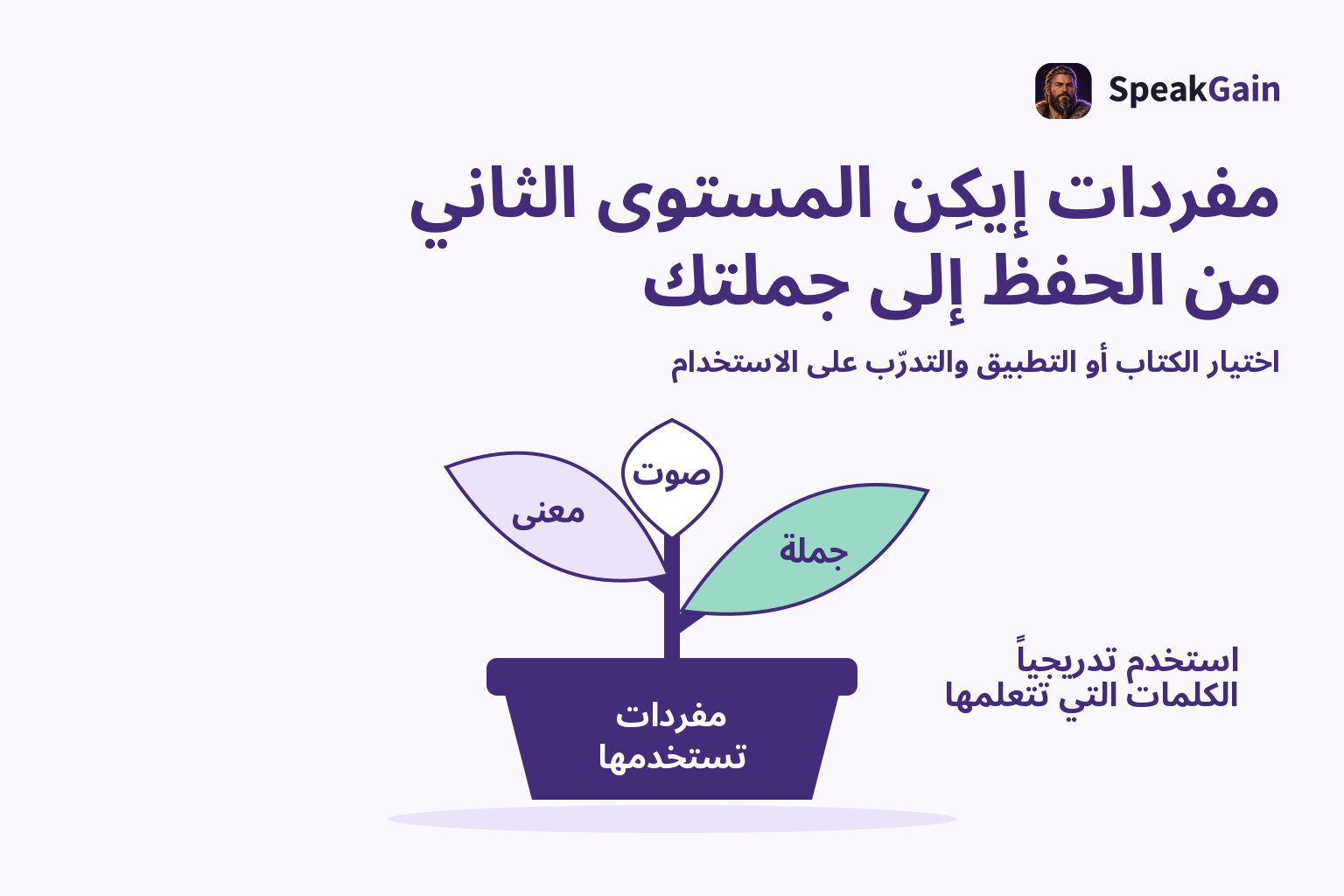نبتة في أصيص بأوراق للمعنى والصوت والجملة تمثل مفردات قابلة للاستخدام