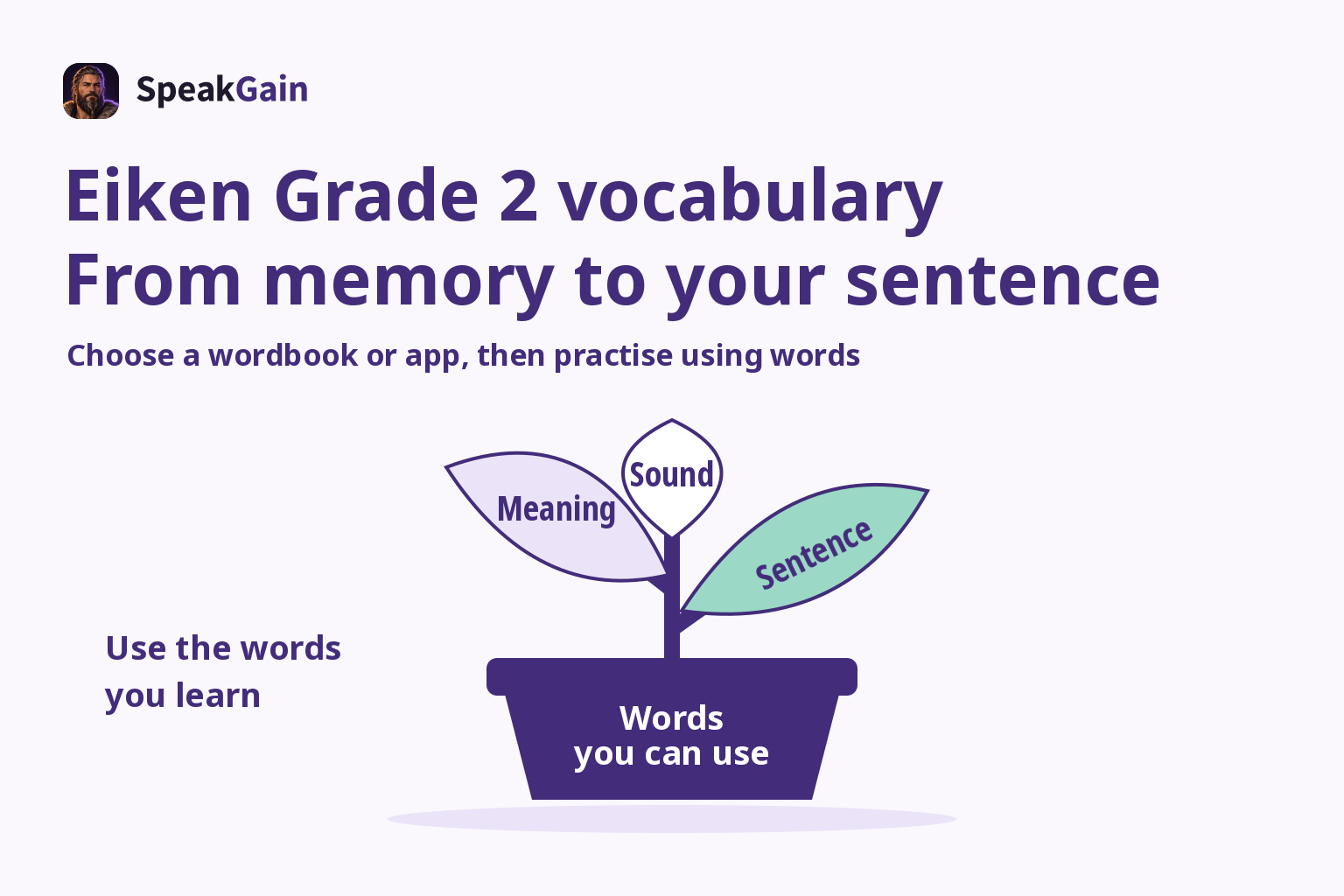 A potted plant with meaning, sound and sentence leaves representing usable vocabulary