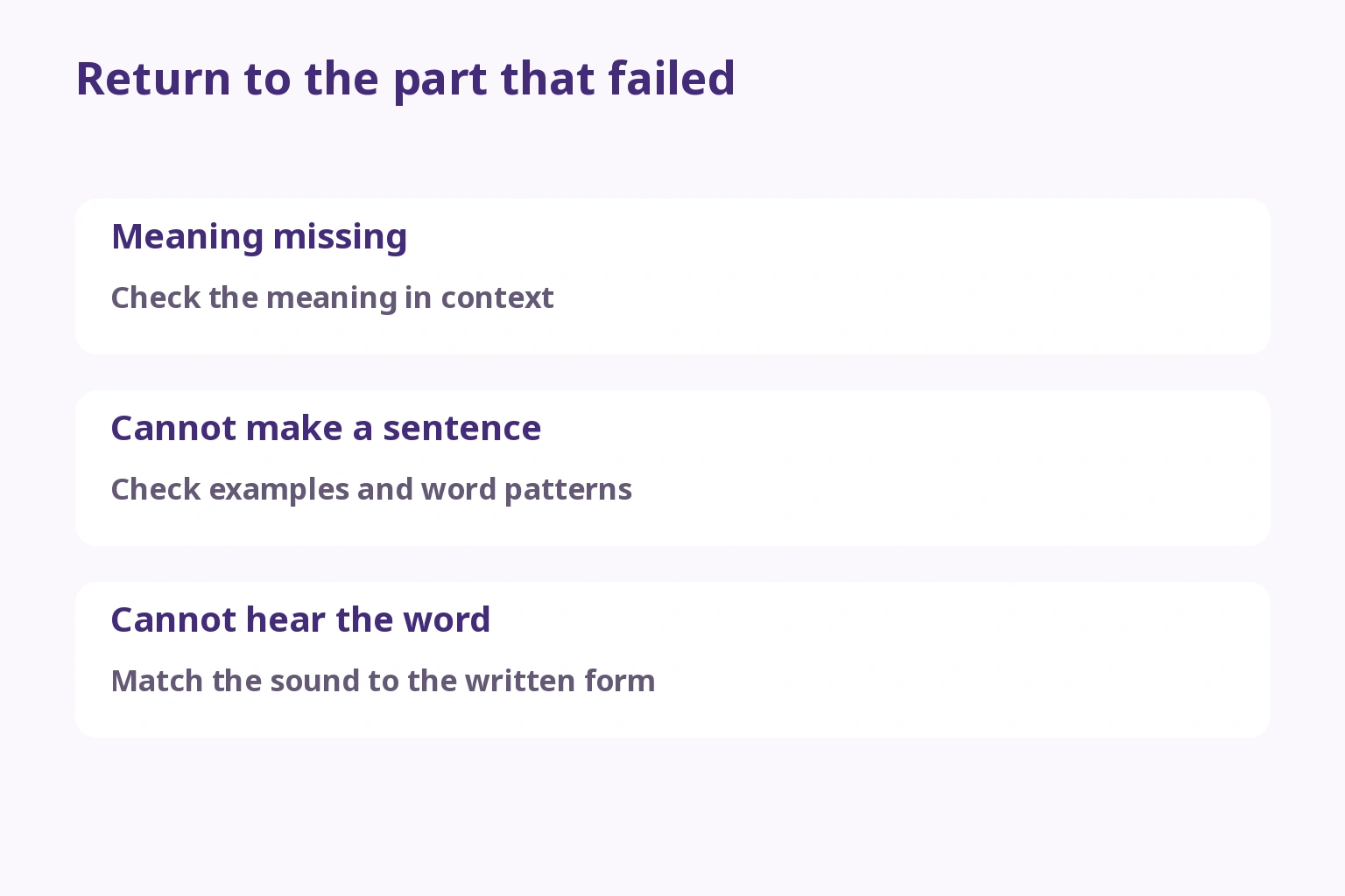 An editorial review guide matching difficulty with meaning, use or sound