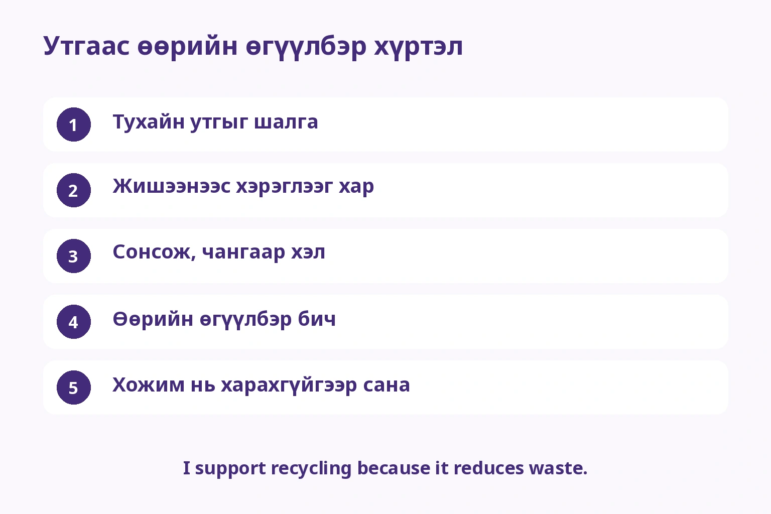 Утга, жишээ, авиа, өөрийн өгүүлбэр, хожмын сэргээн саналт гэсэн редакцын таван алхам
