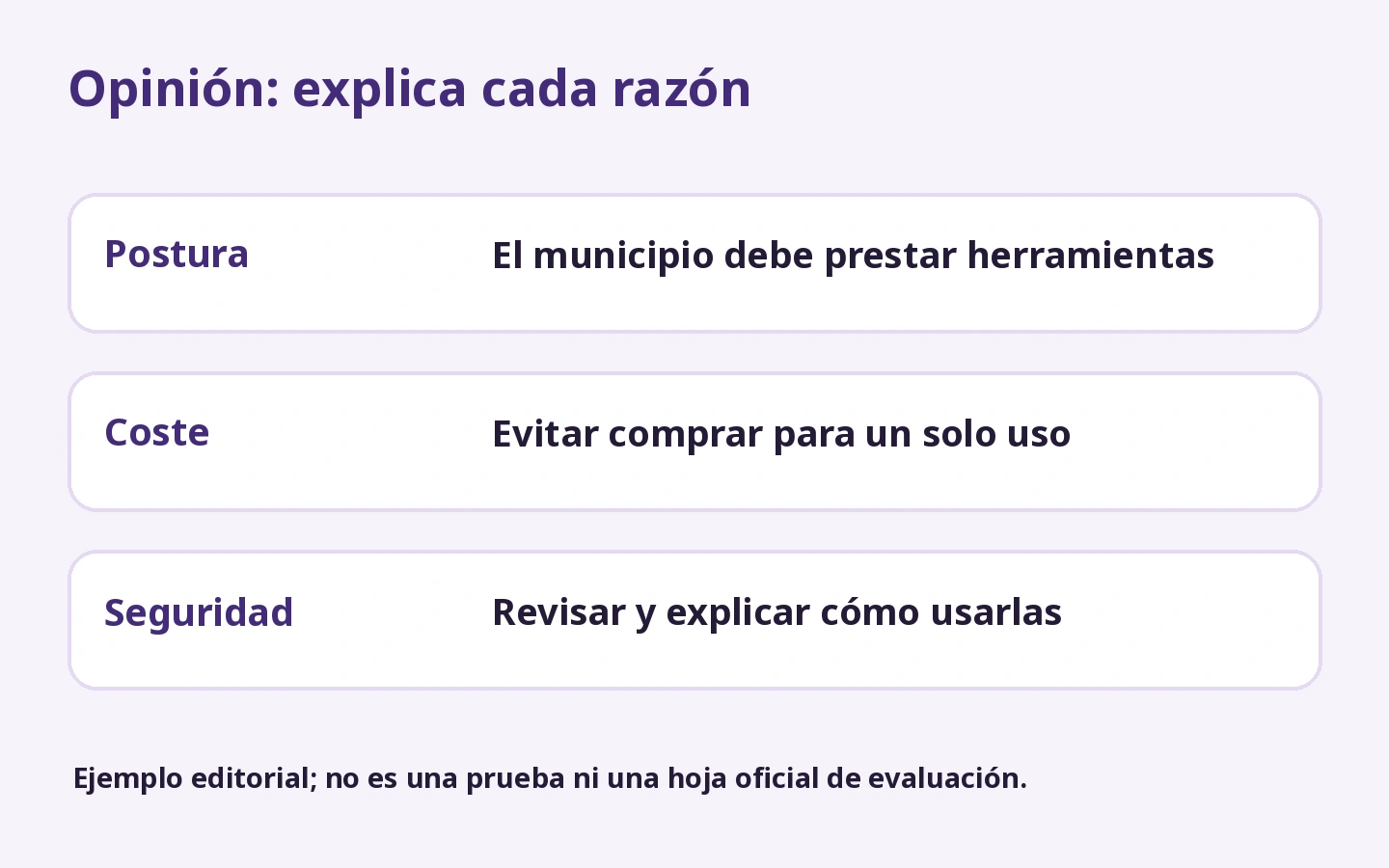 Opinión: explica cada razón: El municipio debe prestar herramientas; Evitar comprar para un solo uso; Revisar y explicar cómo usarlas