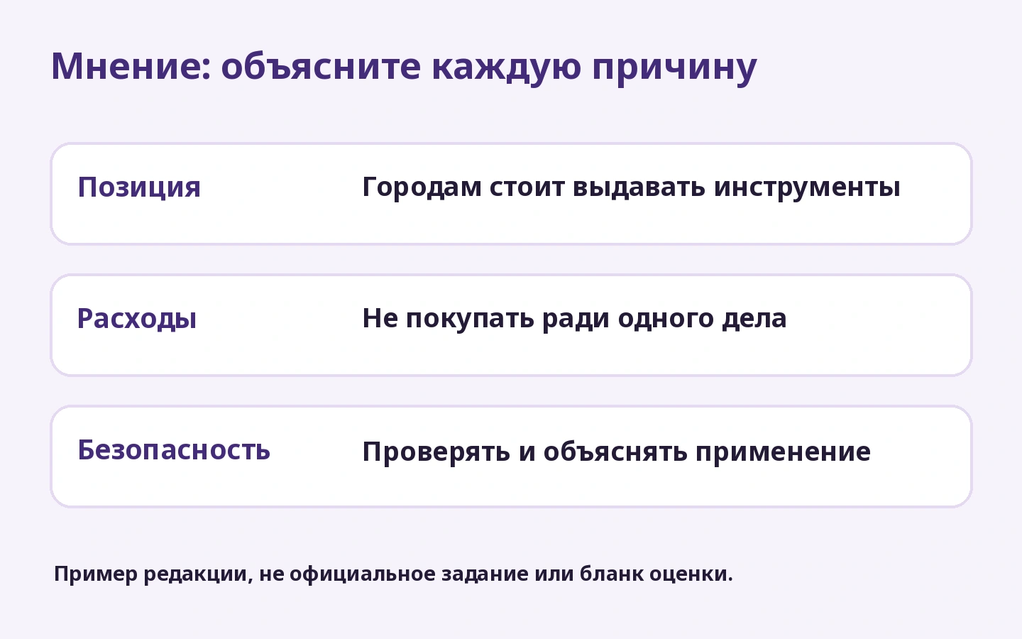 Мнение: объясните каждую причину: Городам стоит выдавать инструменты; Не покупать ради одного дела; Проверять и объяснять применение