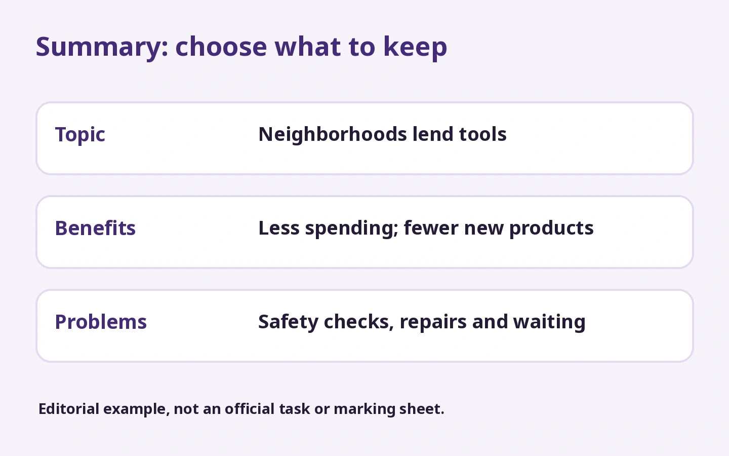 Summary: choose what to keep: Neighborhoods lend tools; Less spending; fewer new products; Safety checks, repairs and waiting
