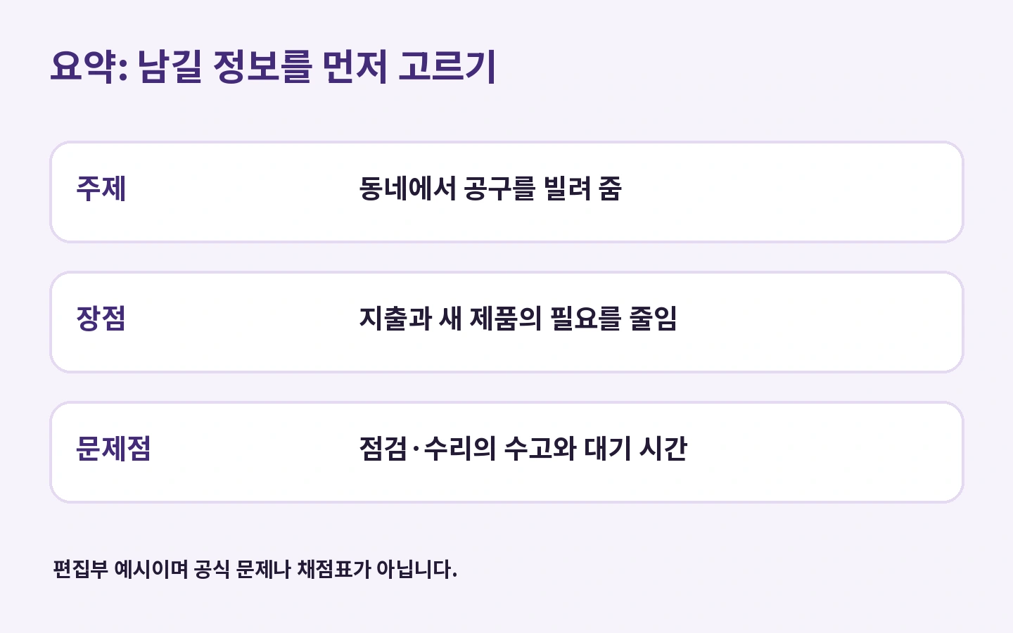 요약: 남길 정보를 먼저 고르기: 동네에서 공구를 빌려 줌; 지출과 새 제품의 필요를 줄임; 점검·수리의 수고와 대기 시간