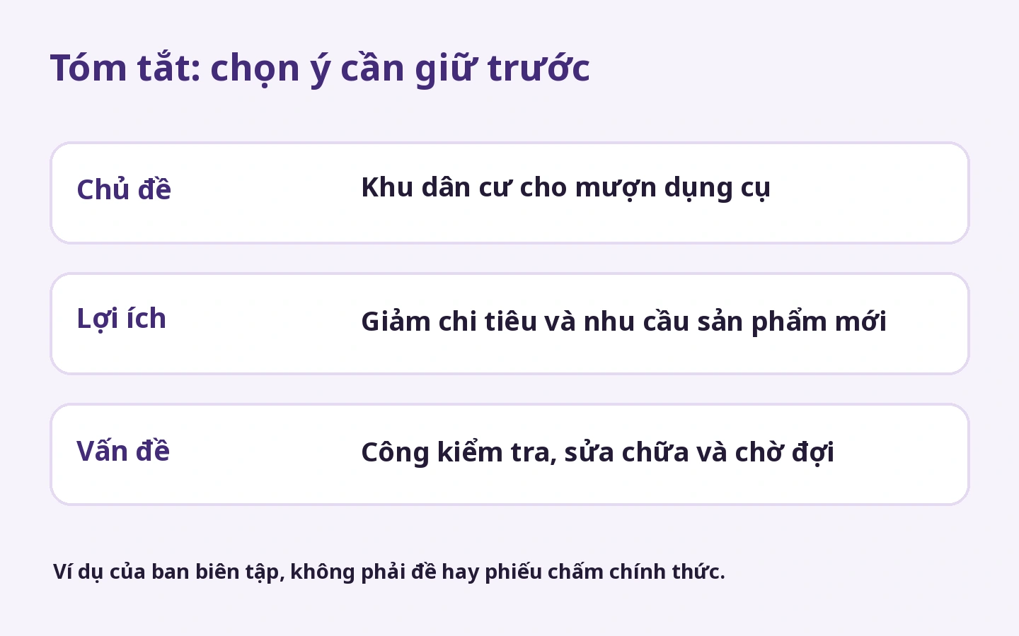 Tóm tắt: chọn ý cần giữ trước: Khu dân cư cho mượn dụng cụ; Giảm chi tiêu và nhu cầu sản phẩm mới; Công kiểm tra, sửa chữa và chờ đợi