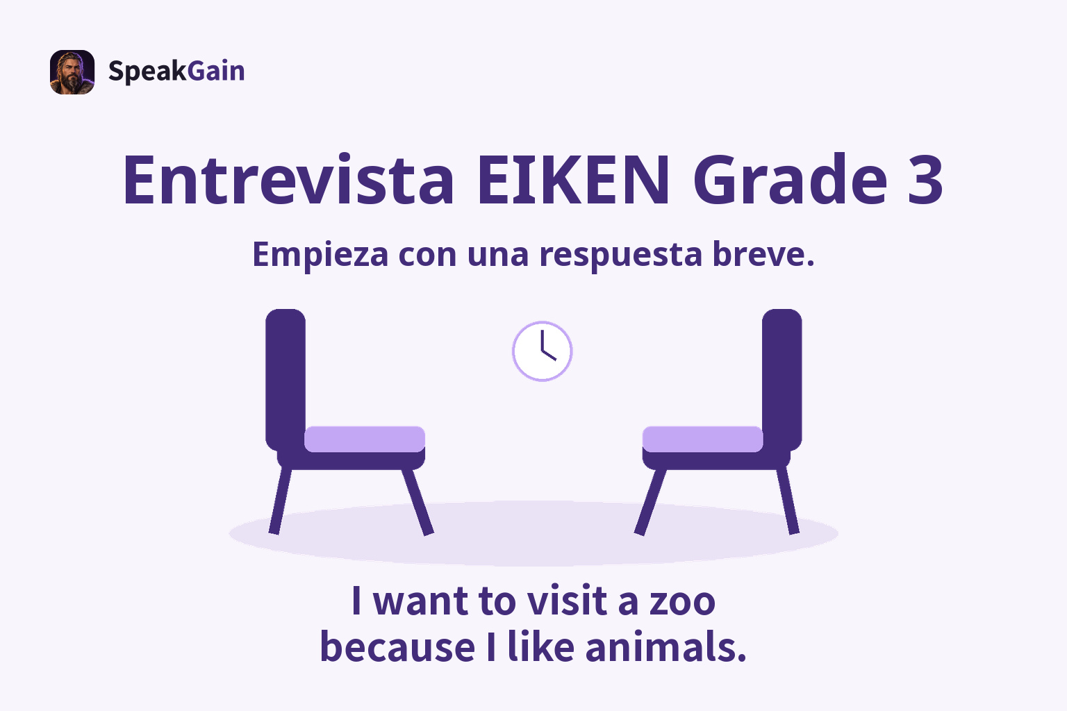 Dos sillas vacías frente a frente, reloj y sombra en el suelo, con una respuesta en inglés sobre visitar un zoo