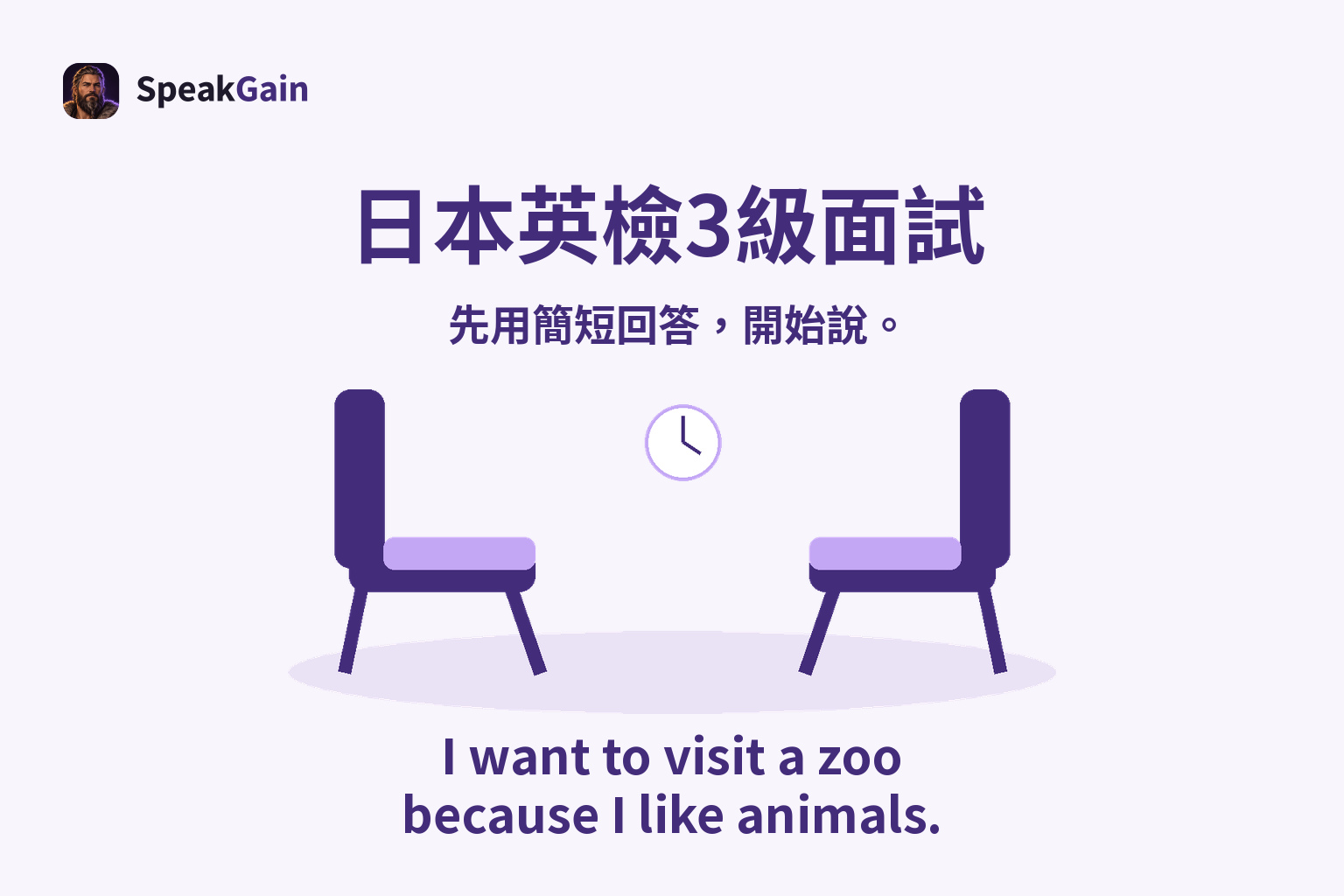 兩張相向的空面試椅、時鐘與地板陰影,下方是想去動物園的英文短答