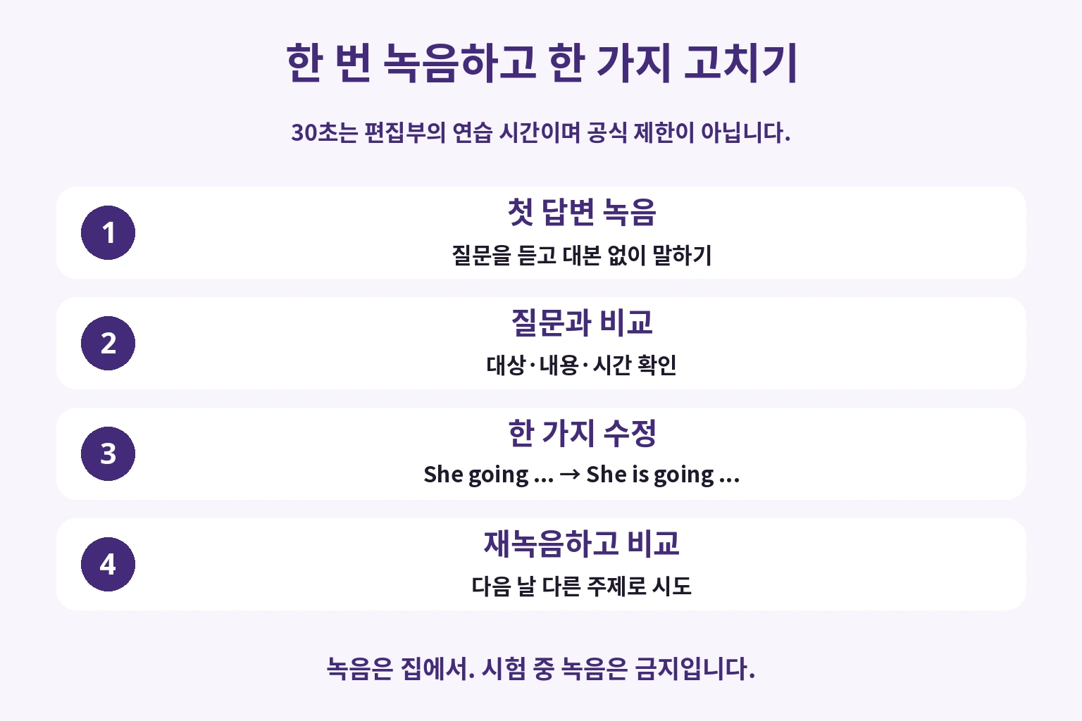 첫 답변을 녹음하고 질문과 비교한 뒤 한 가지를 고쳐 재녹음하는 과정