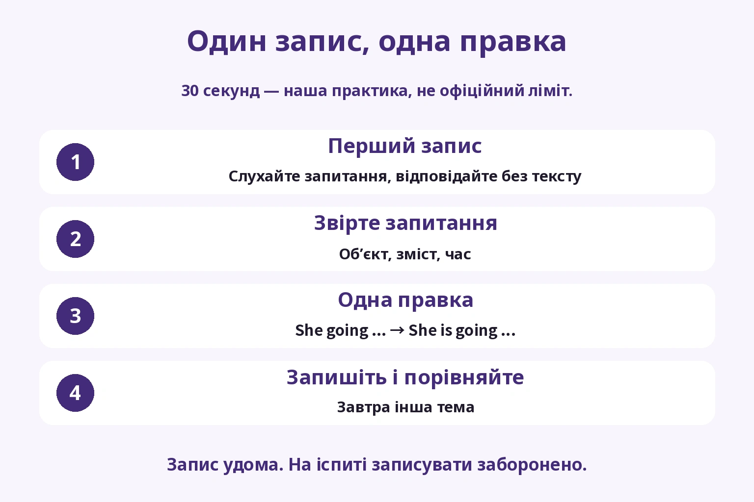Записати першу відповідь, перевірити запитання, виправити один момент і повторити
