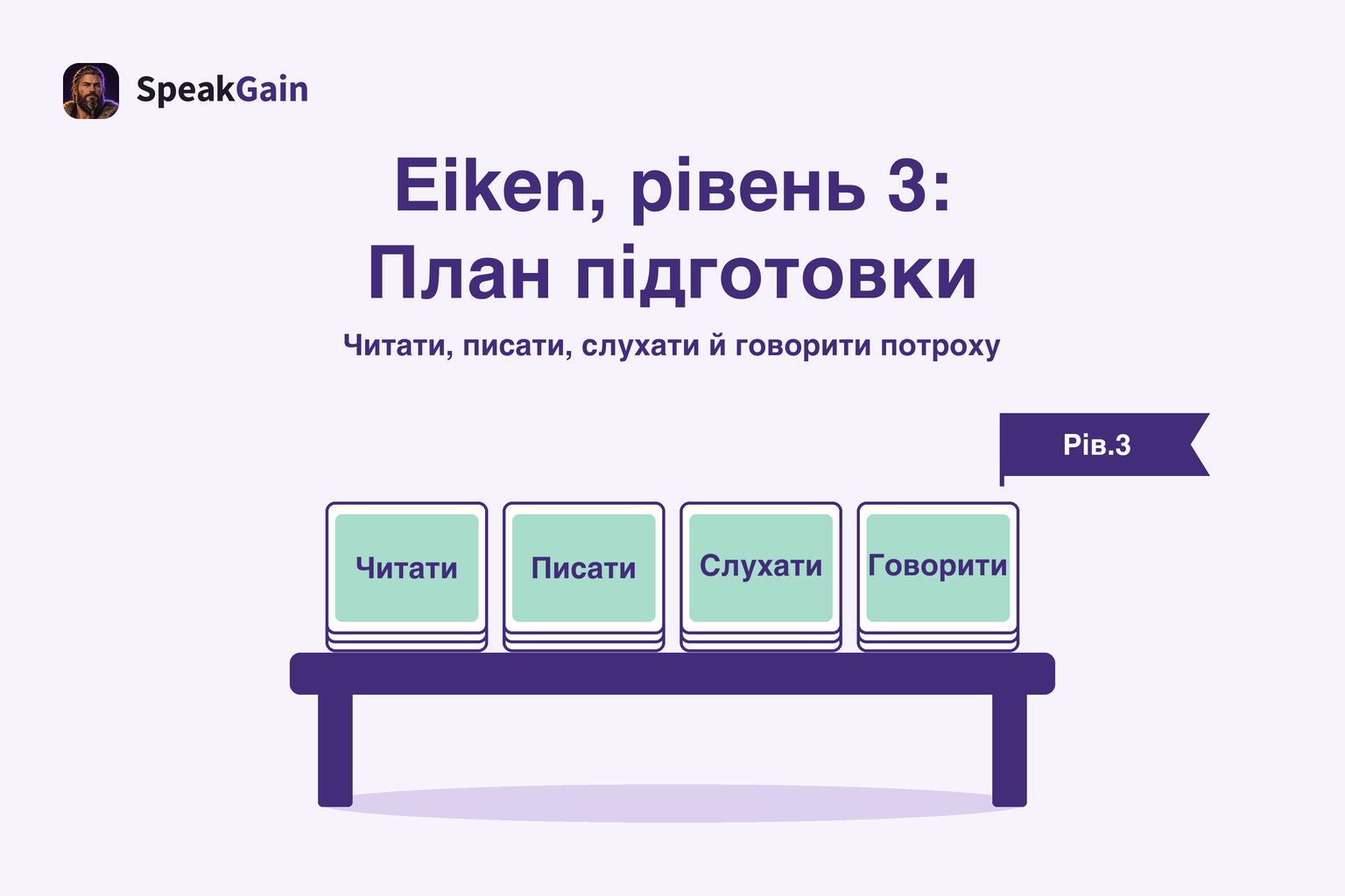 Навчальний стіл із чотирма стосами карток для читання, письма, слухання й говоріння та прапорцем третього рівня