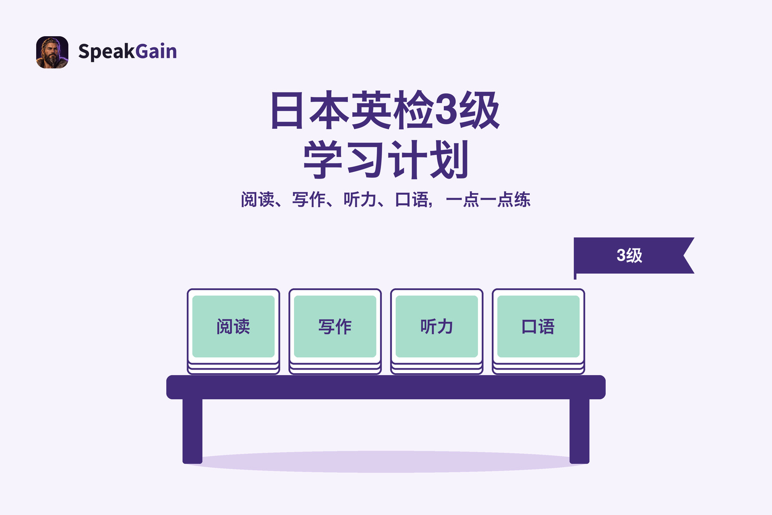 书桌上阅读、写作、听力、口语四叠卡片和3级小旗
