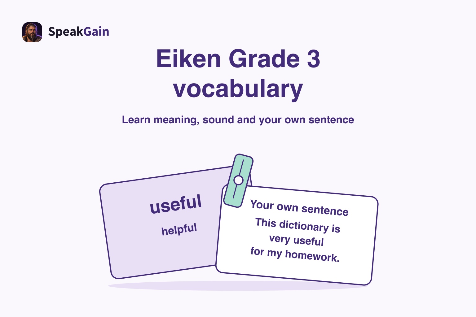 A clip holding a useful word card and a card with a personal practice sentence