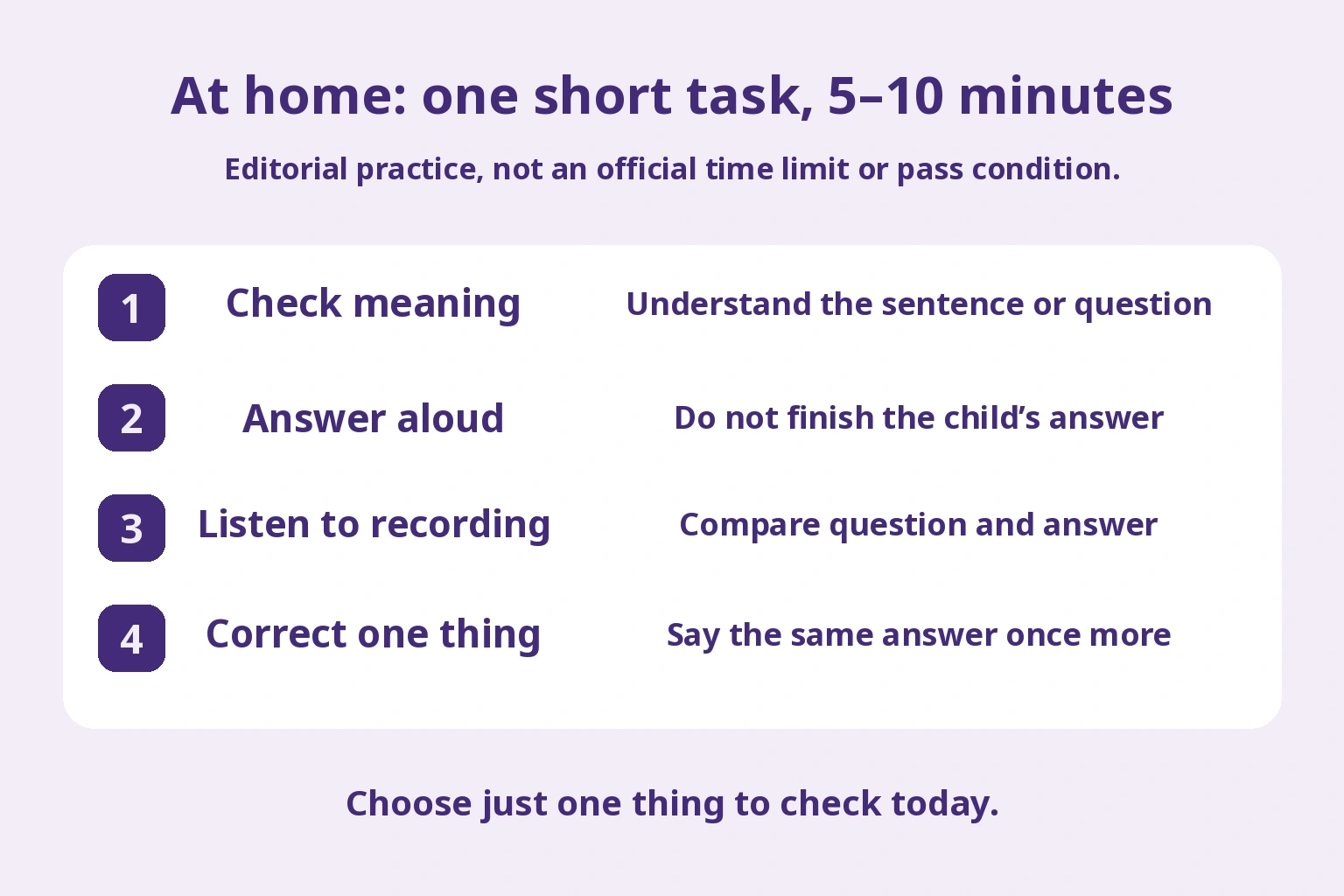 Editorial home routine: check meaning, answer aloud, listen to a recording and correct one thing, within a short practice block