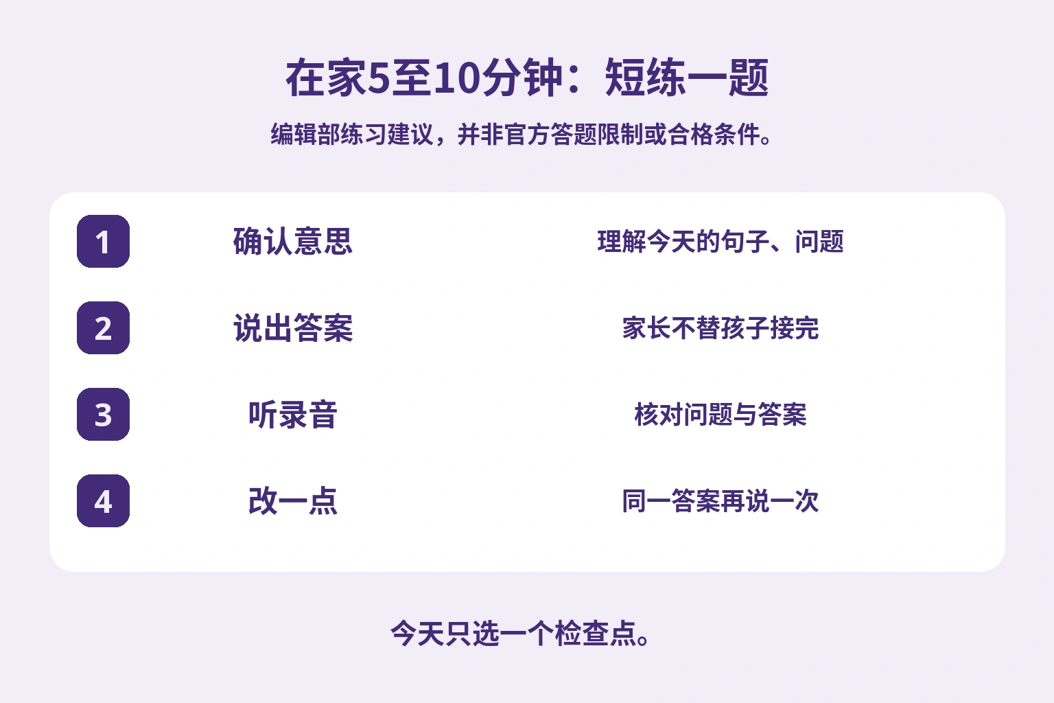 家庭短练习顺序：确认意思、说出答案、听录音、改一点；由编辑部提出