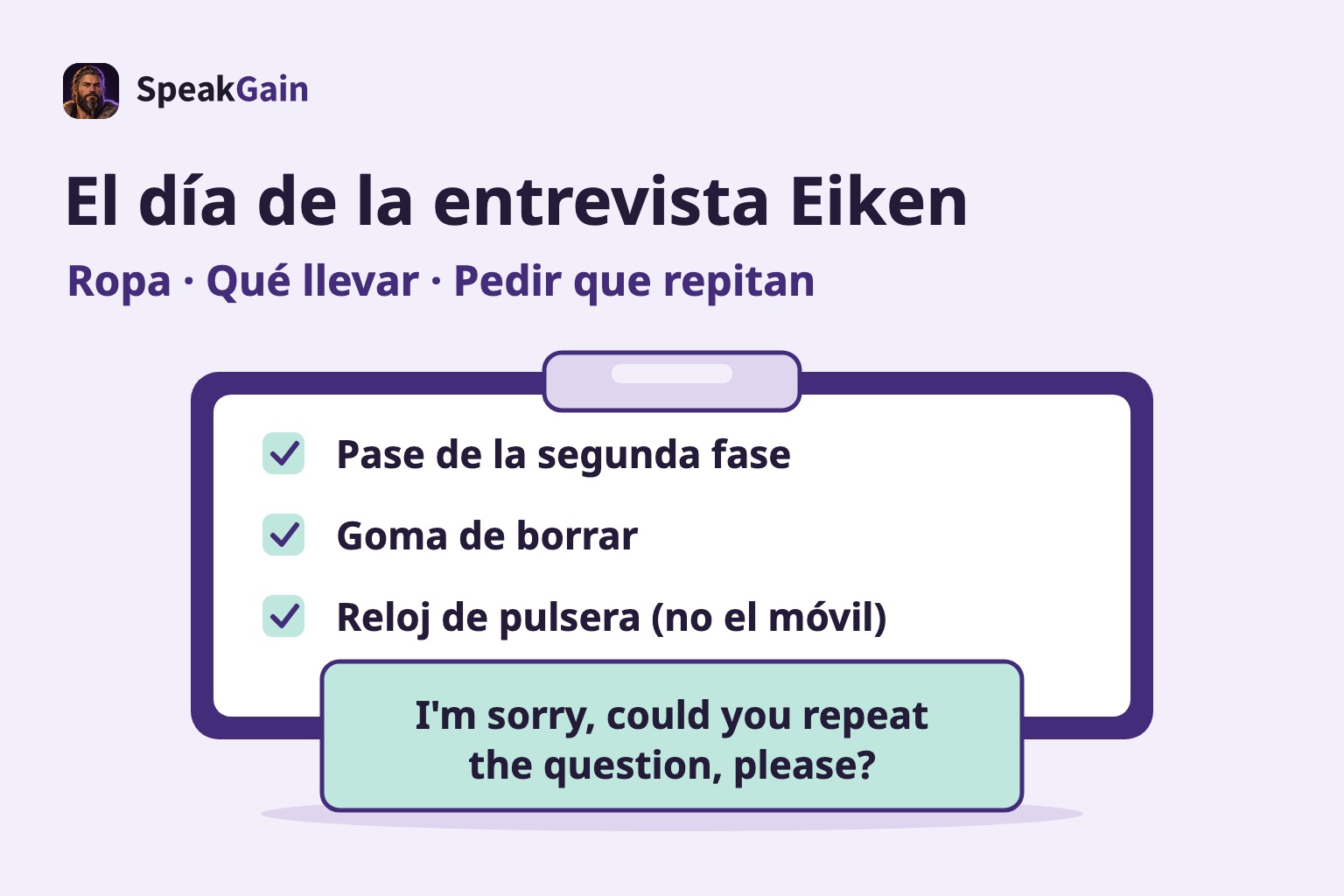 Portapapeles con pase, goma y reloj marcados y una tarjeta superpuesta con una petición de repetición en inglés