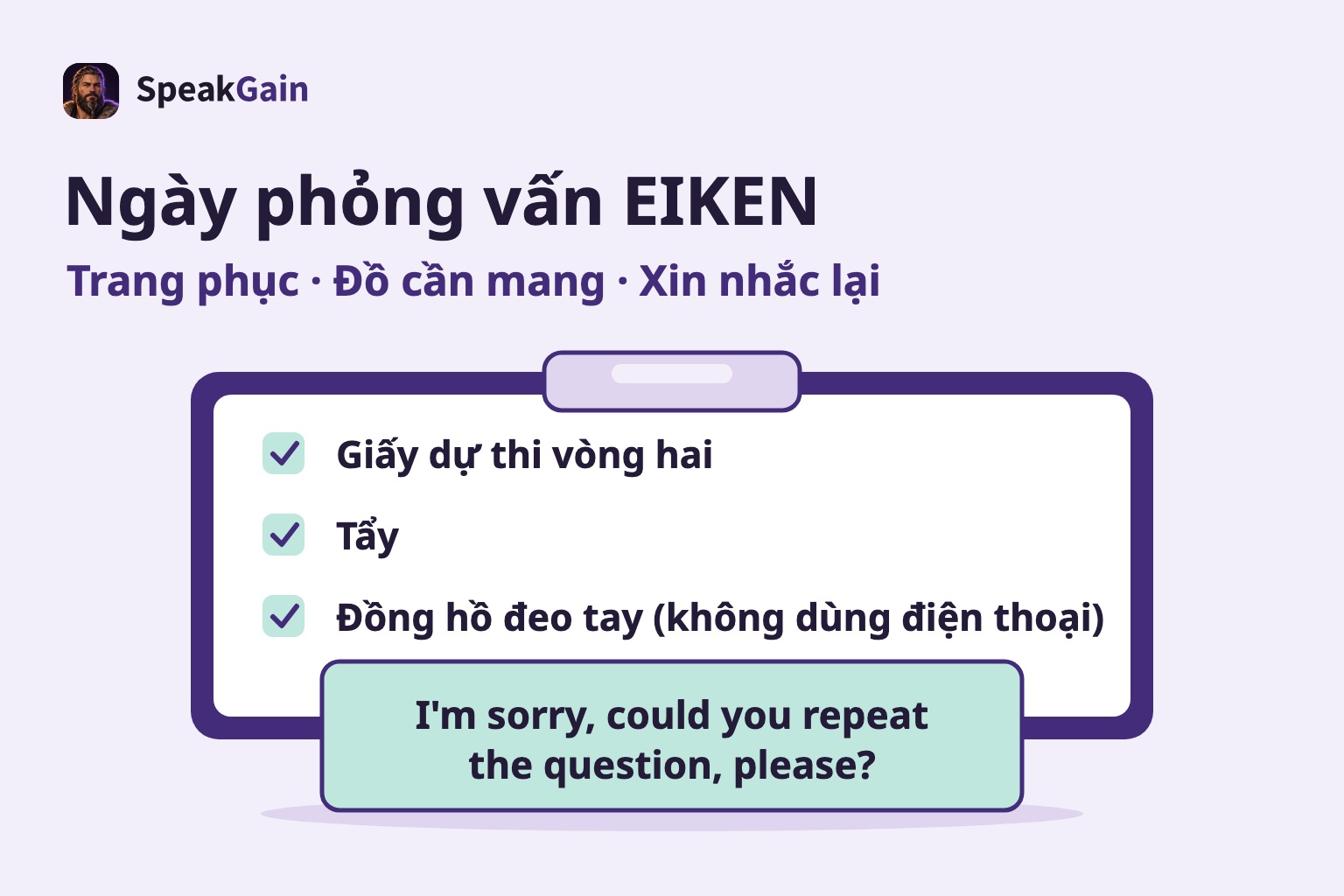 Bảng kẹp kiểm tra giấy dự thi vòng hai, tẩy và đồng hồ, có thẻ câu xin nhắc lại bằng tiếng Anh chồng lên