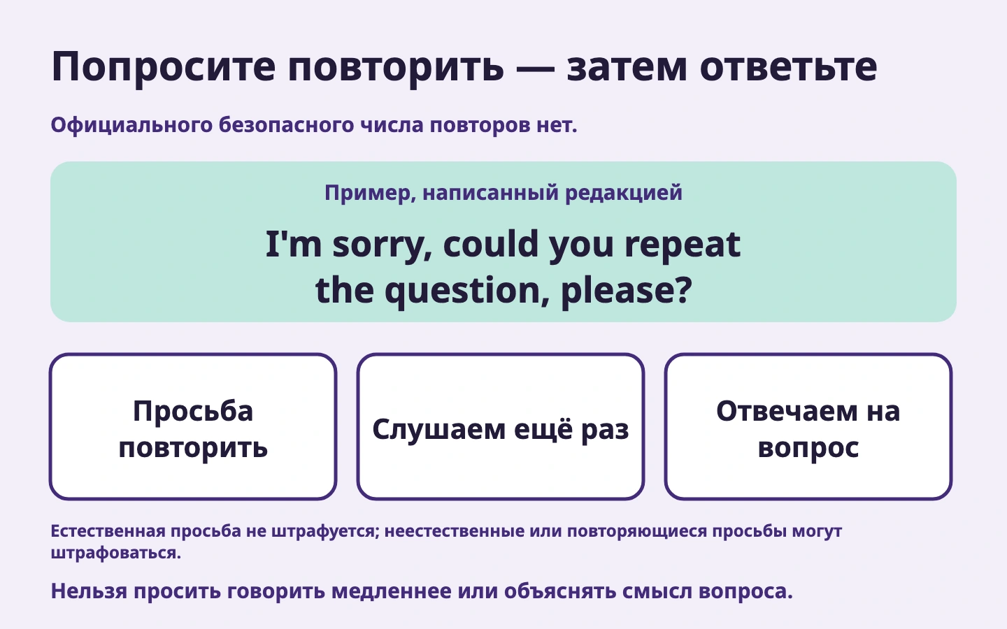 Практика просьбы повторить по-английски, повторного слушания и ответа